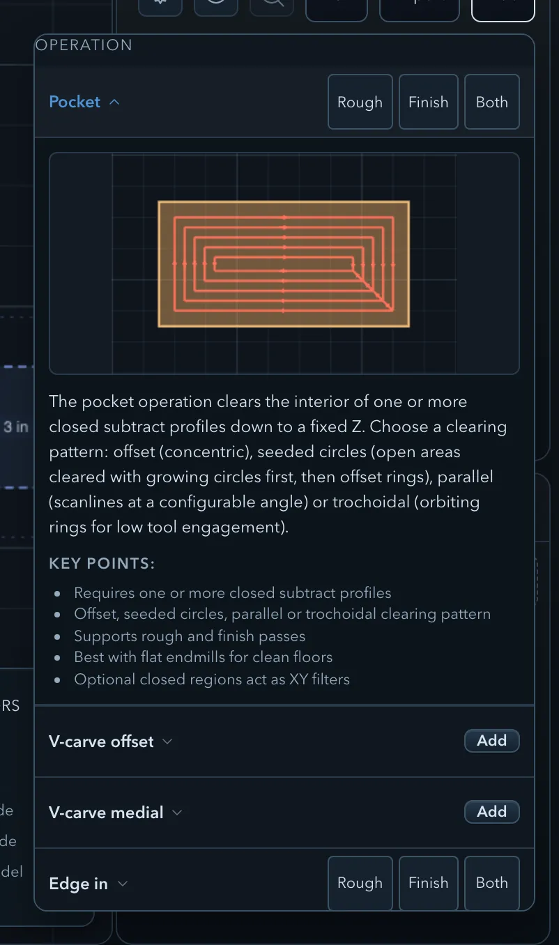 The Add operation menu with Pocket opened to show its illustration, description and key points, and V-carve offset, V-carve medial and Edge in listed below with their Rough, Finish and Both buttons