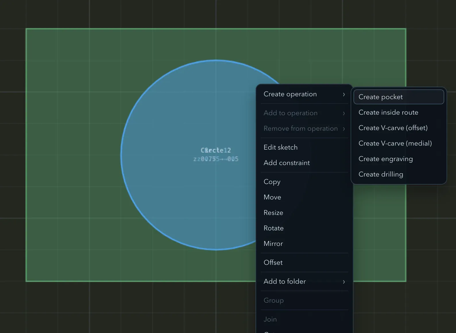 Right-click context menu on the subtract circle with Create operation expanded and Create pocket highlighted