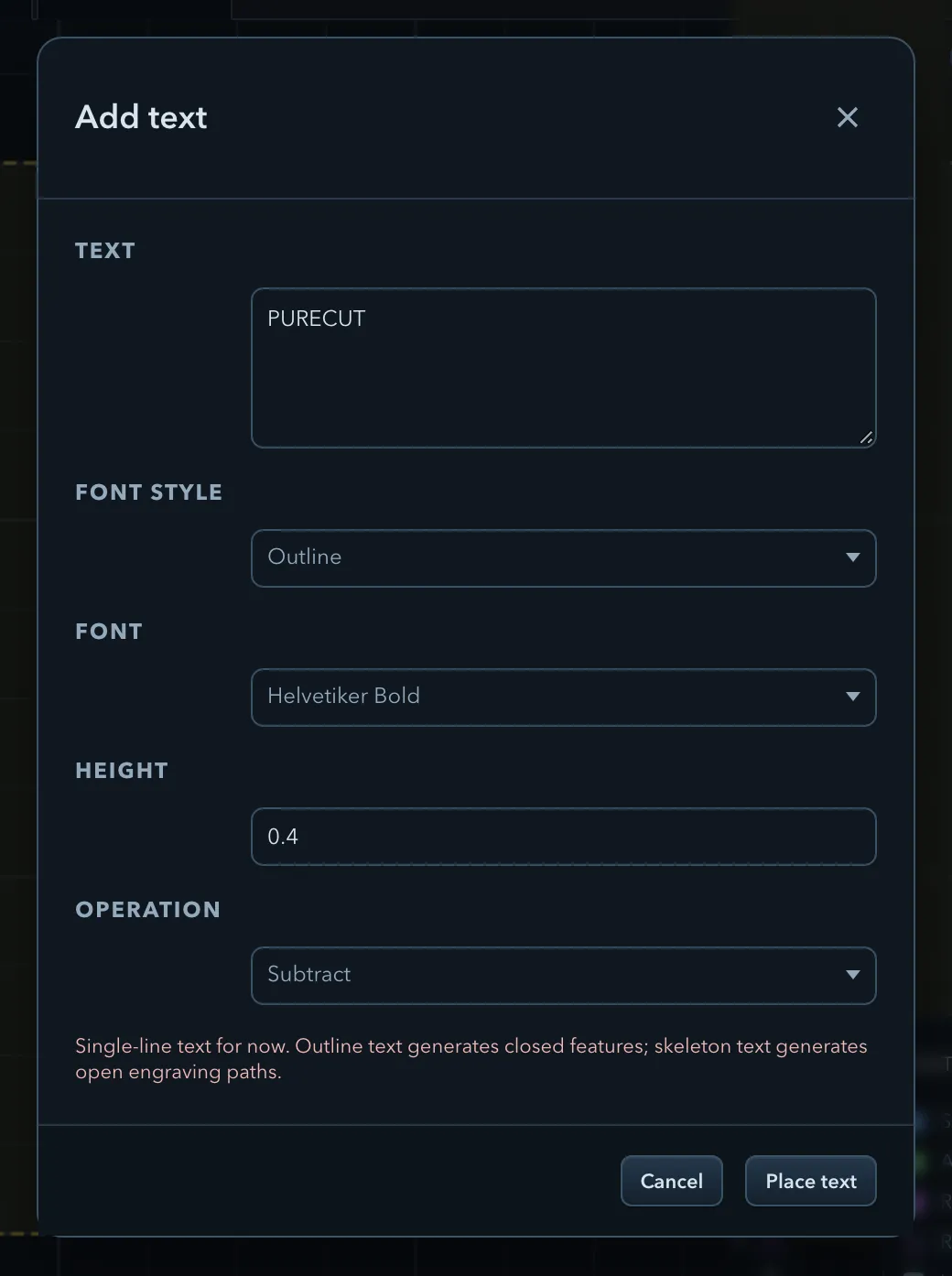 The Add text dialog with sample text, Outline style, Helvetiker Bold font, height 0.4, and Subtract operation