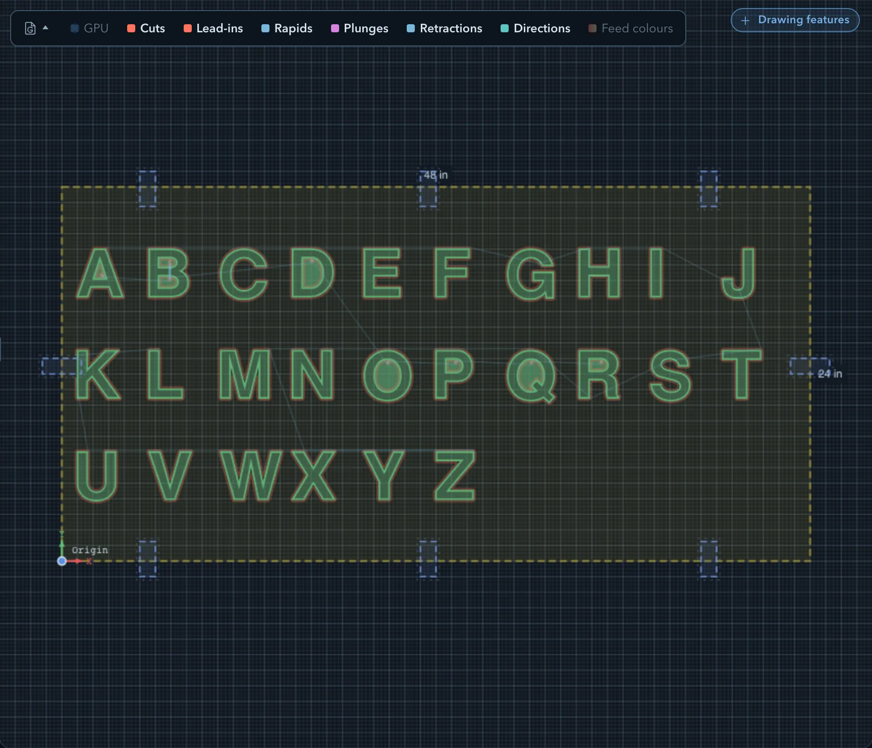 Letters A through Z in three rows across a 48 by 24 inch stock before nesting, with clamps around the edges