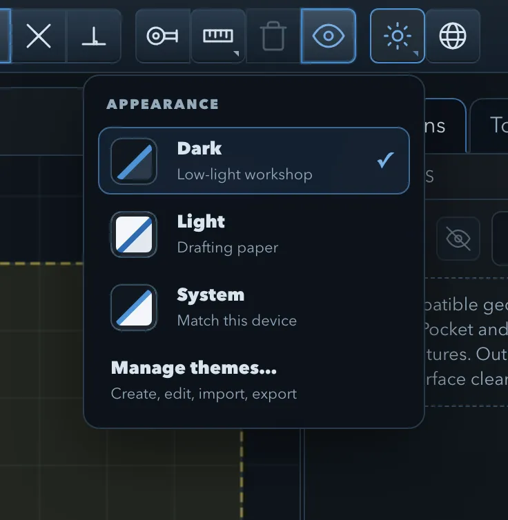 Appearance menu open from the top toolbar, listing Dark, Light, and System with Dark checked, and Manage themes… below