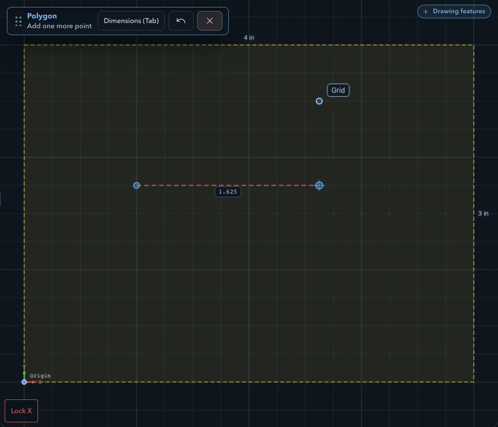 A polygon segment being drawn, held horizontal by Lock X while the pointer sits above and to the right of it, with a red Lock X chip in the bottom-left corner of the canvas