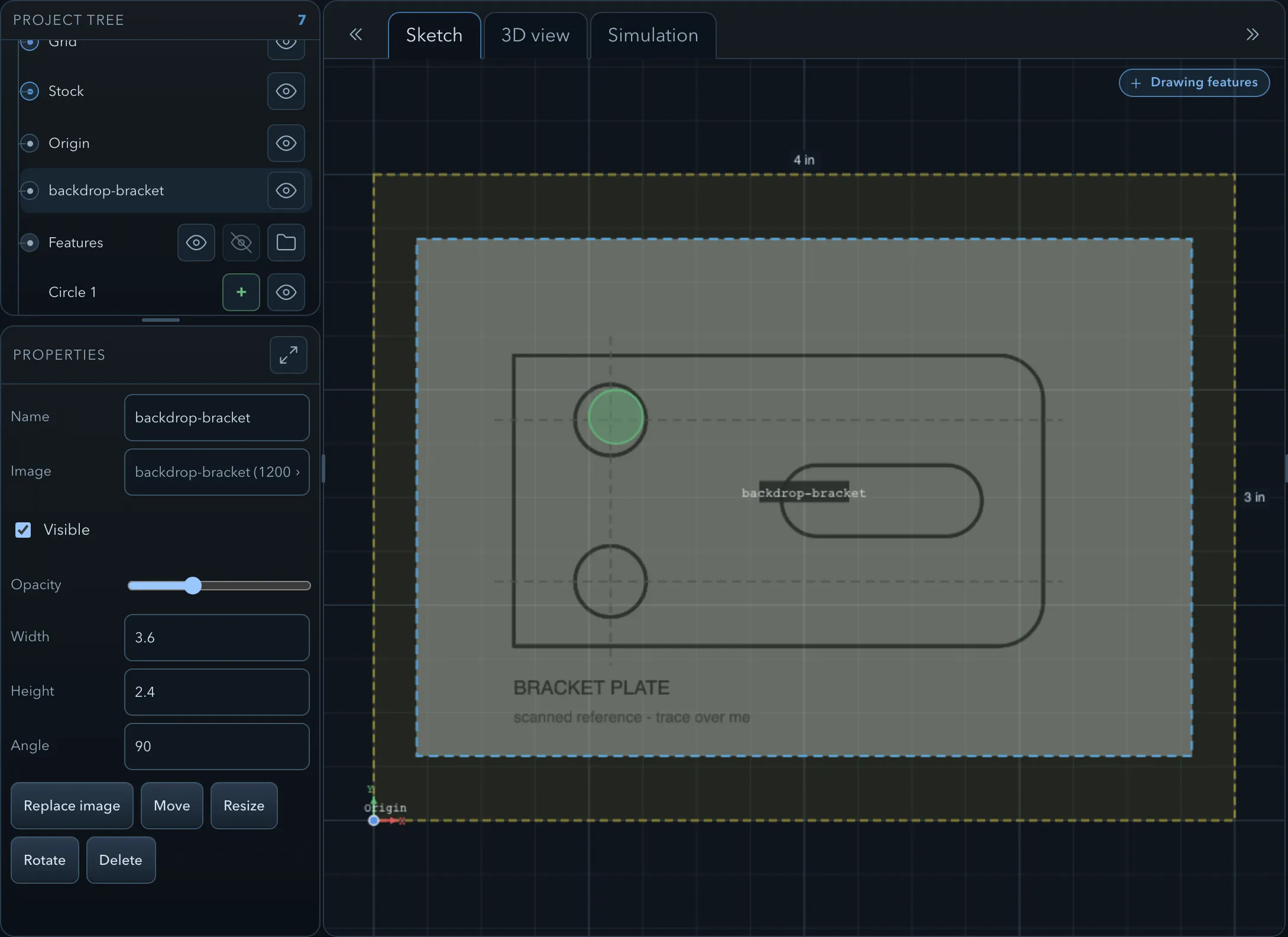 A dimmed reference drawing behind the sketch with a traced circle sitting on one of its bolt holes, and the backdrop properties showing Visible, Opacity, Width 3.6, Height 2.4, Angle, and the Replace image, Move, Resize, Rotate and Delete buttons