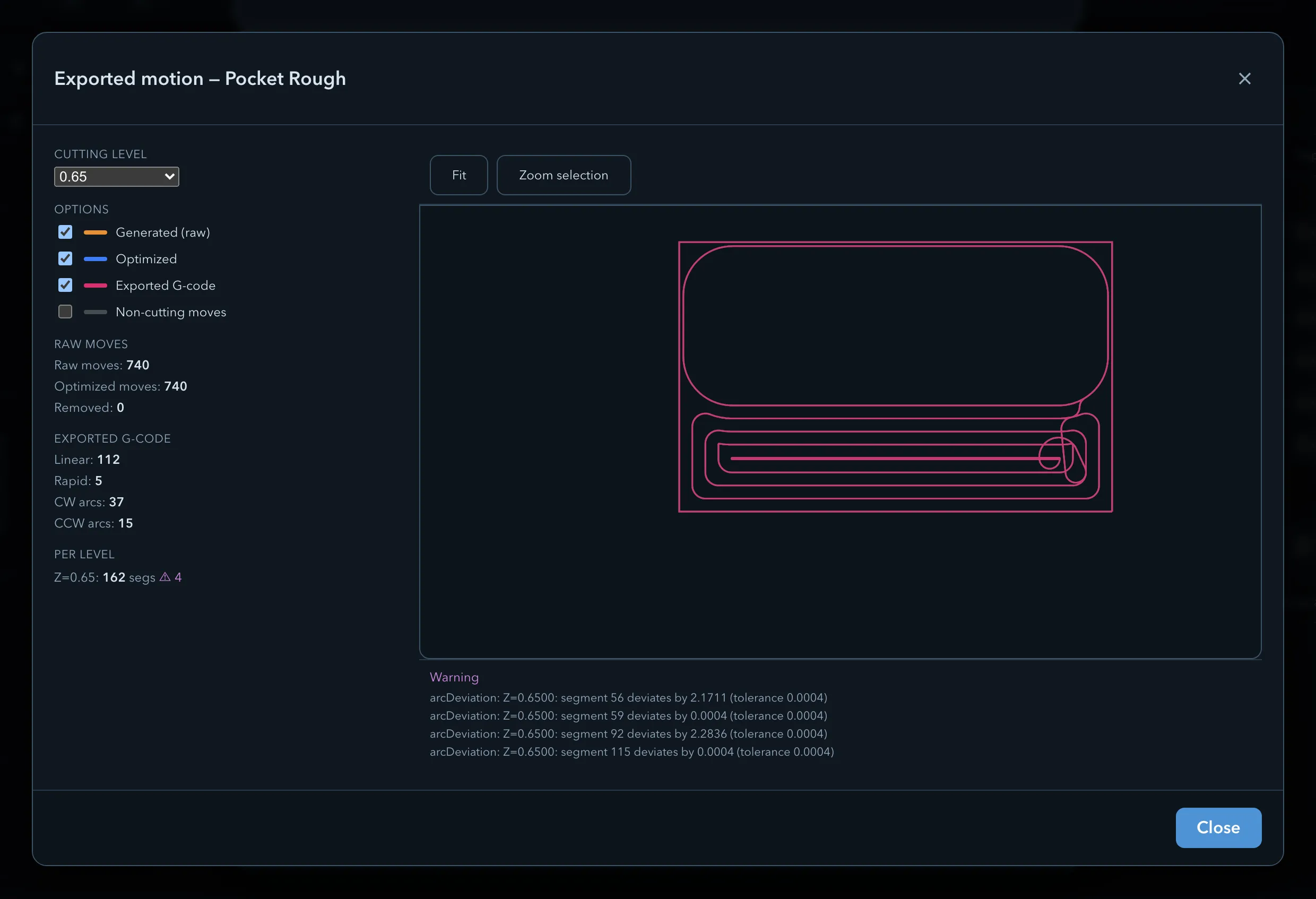 The exported motion inspector for one pocket operation: the cutting-level selector and the Generated, Optimized, Exported G-code and non-cutting layer checkboxes, the raw and optimized move counts with the emitted linear, rapid and arc counts, the plotted path, and a warning listing arc deviations