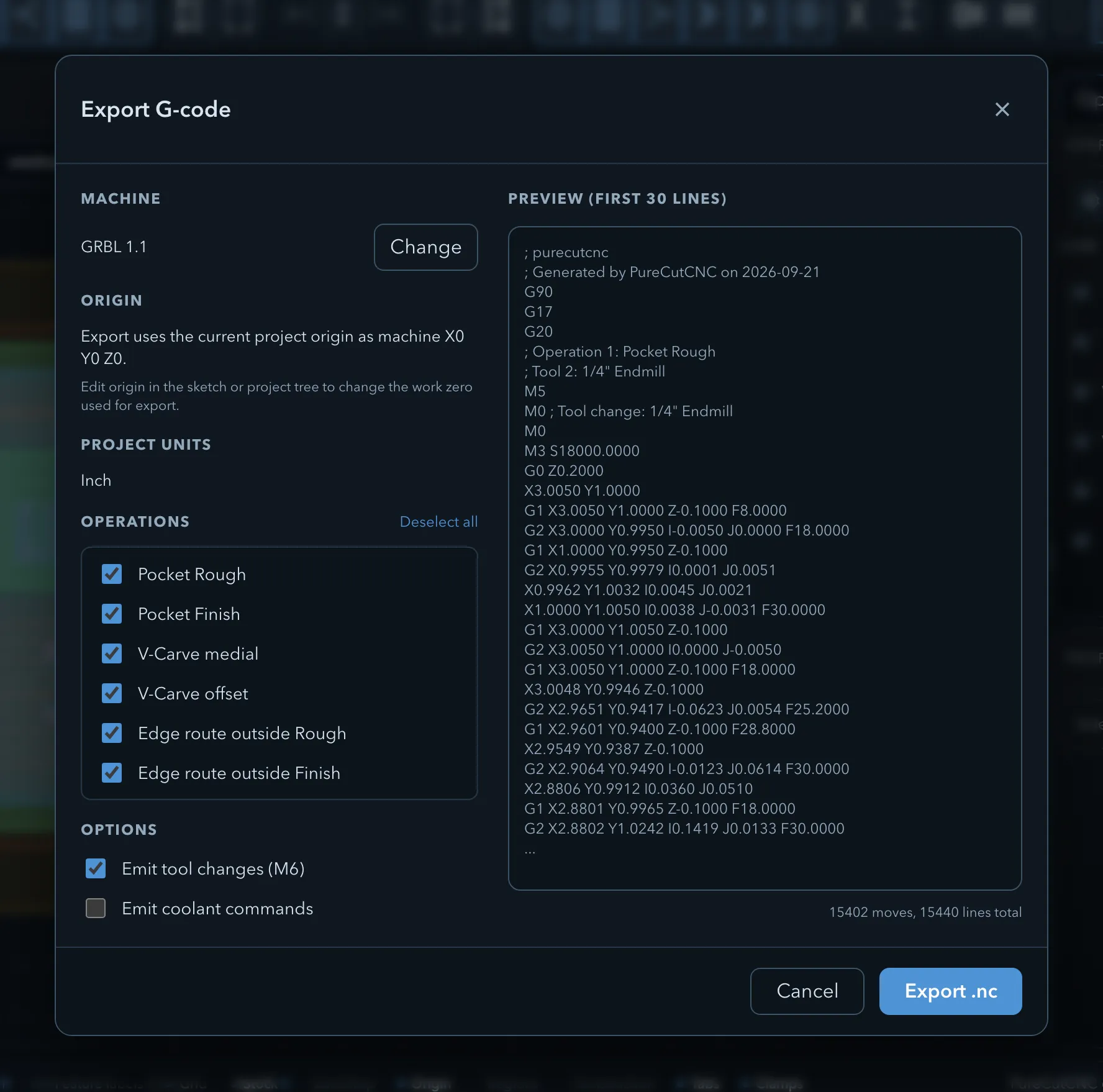 The Export G-code dialog with GRBL 1.1 as the machine: the origin and units, the six operations all checked, the tool-change and coolant options, and the first thirty lines of the program beside them