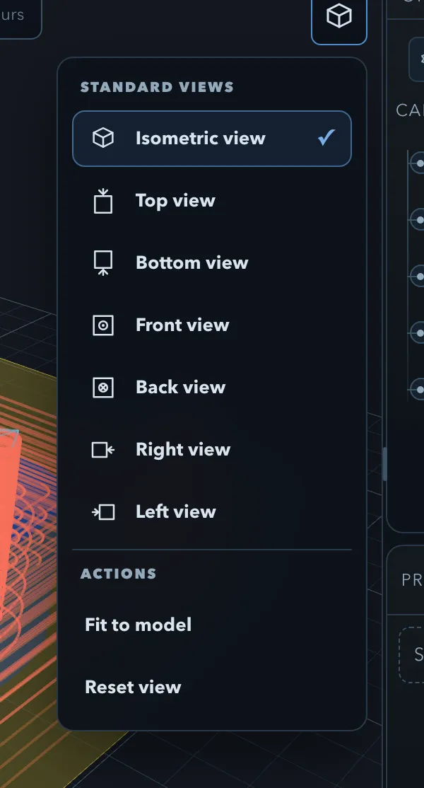The camera menu open over the 3D view, listing Isometric, Top, Bottom, Front, Back, Right, and Left views under Standard views, and Fit to model and Reset view under Actions