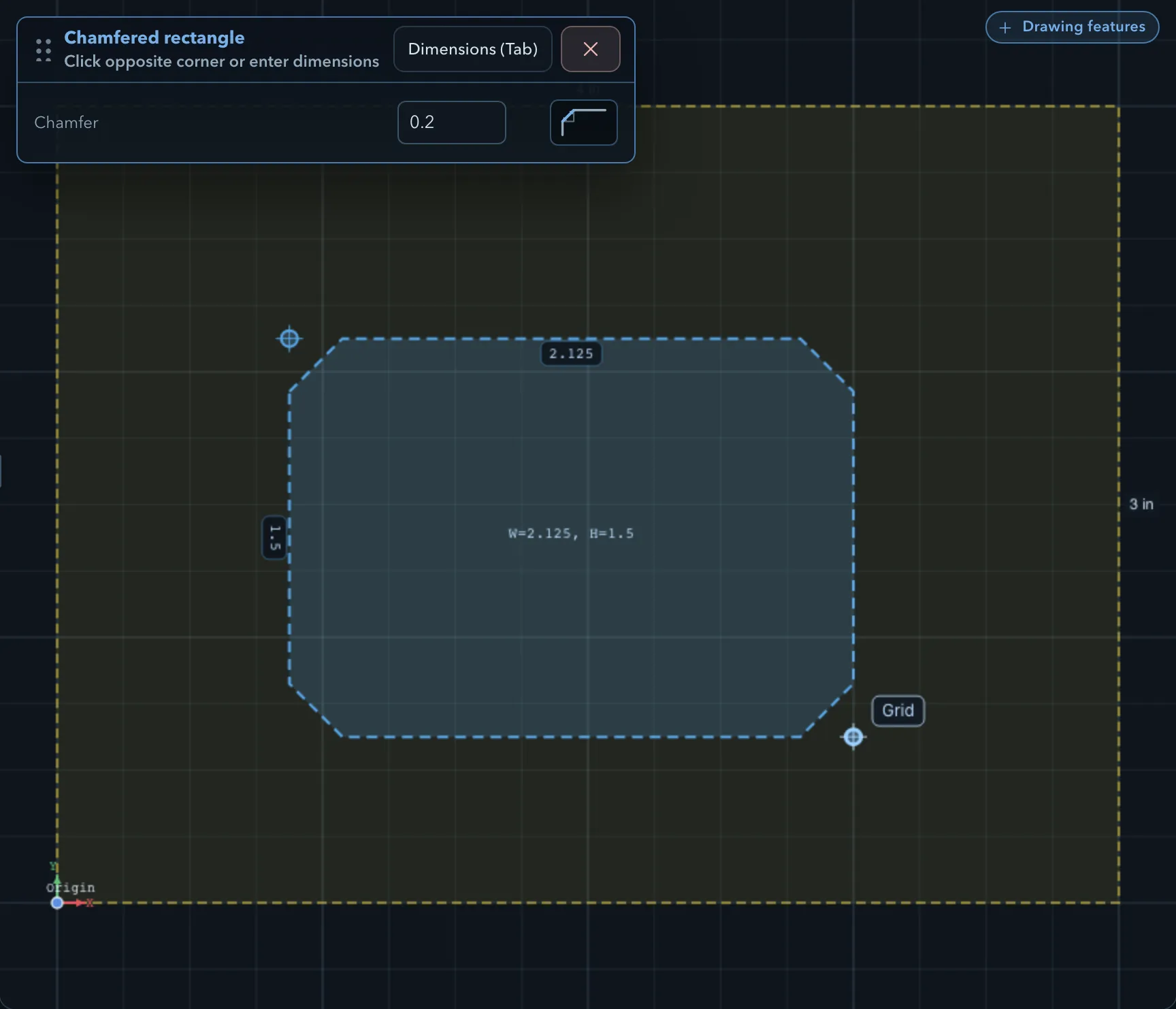 A pending chamfered rectangle, and its workflow panel with Chamfer set to 0.2