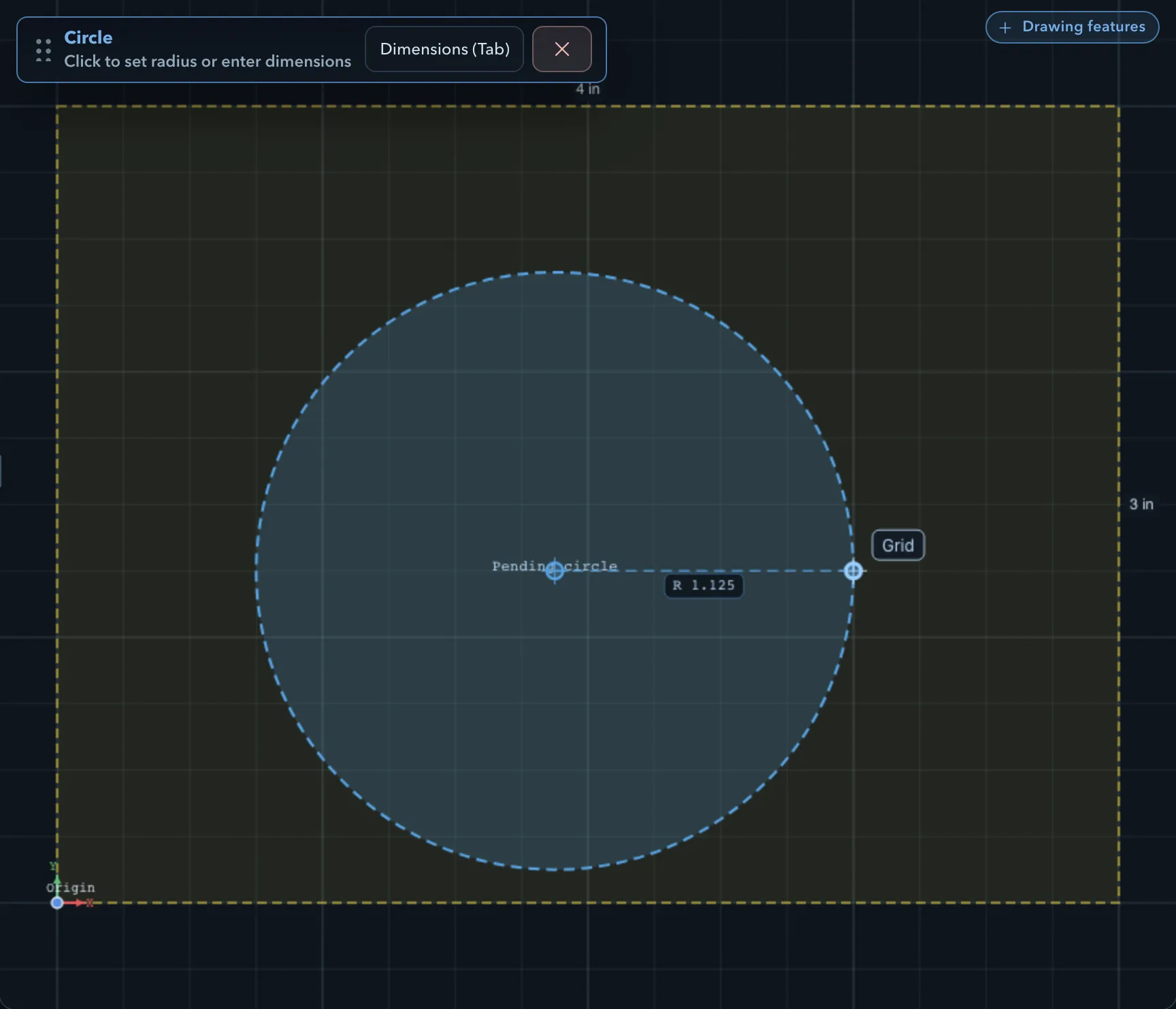 A pending circle with its radius readout, and the Circle workflow panel asking for the radius or dimensions