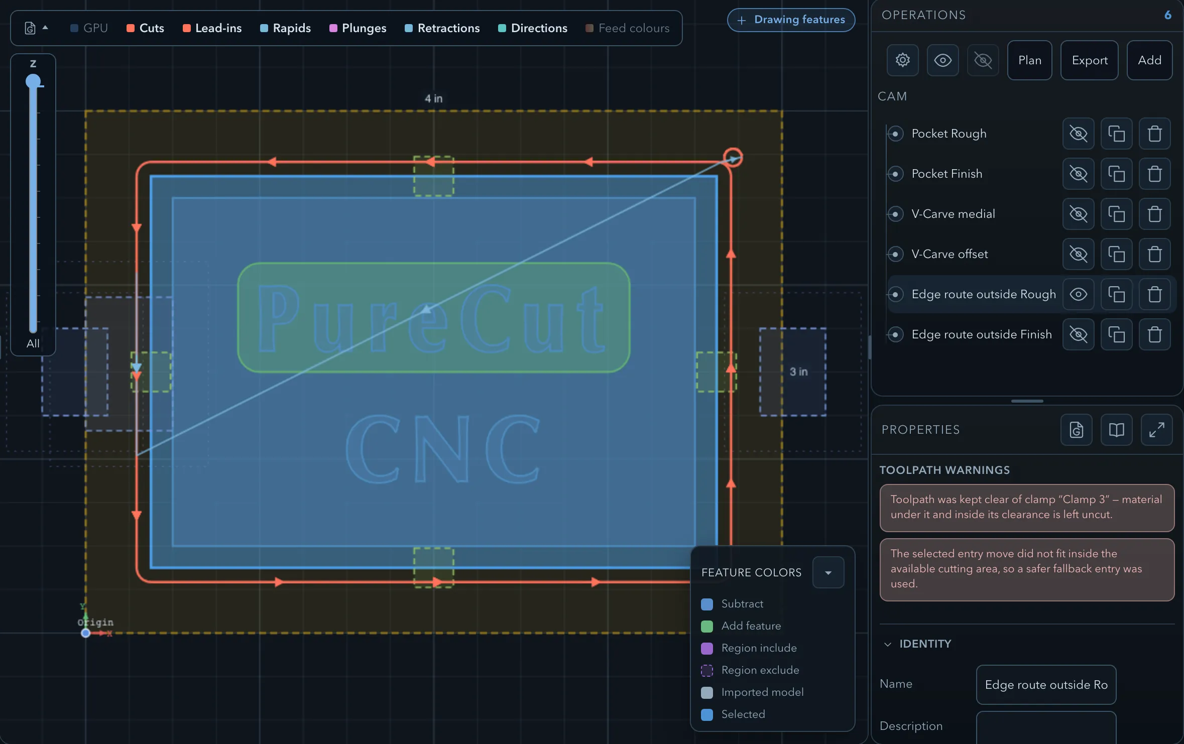 An outside route detouring around a clamp placed over its contour, leaving a gap in the toolpath on that edge, with the operation's Toolpath warnings reporting that the toolpath was kept clear of the clamp and that material under it is left uncut