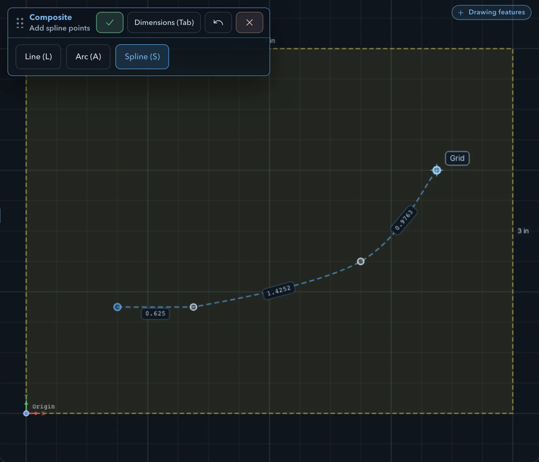 A composite path in progress with a straight segment, an arc, and a spline, and the Composite workflow panel with Line, Arc, and Spline mode buttons