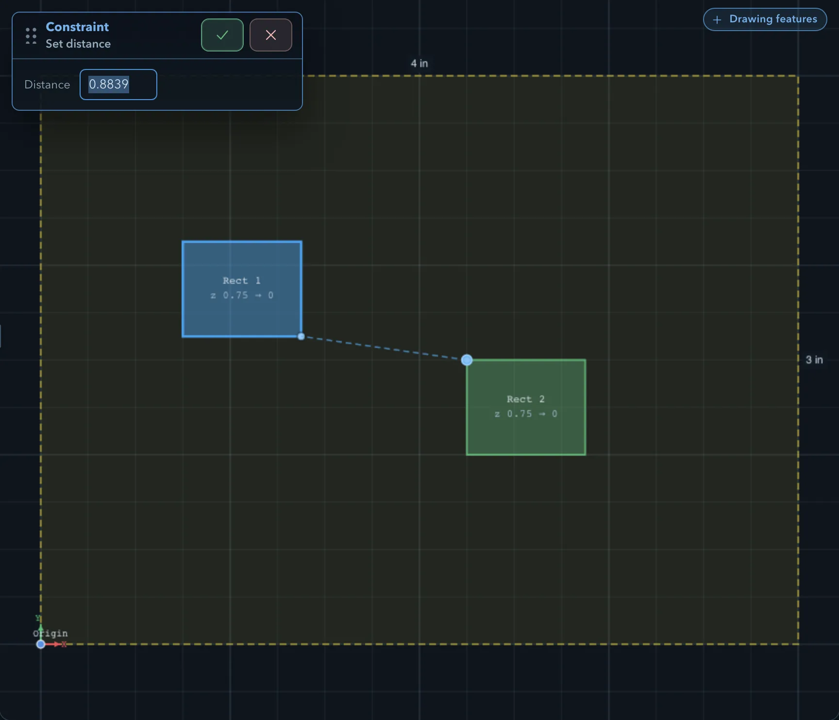 Constraint workflow at Set distance with a Distance of 0.8839, a dashed line running from the anchor point on Rect 1 to the reference point on Rect 2, and the reference labelled Point