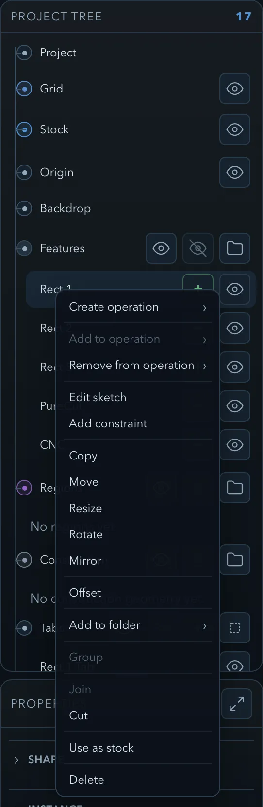 Feature context menu open on Rect 1 in the project tree, listing operation, sketch, transform, folder, grouping, cut, use as stock, and delete actions