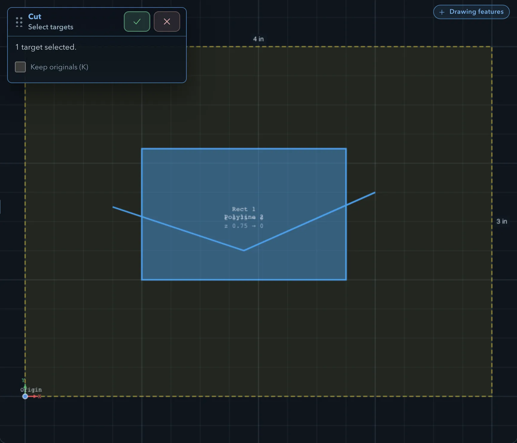 Cut workflow panel reading 1 target selected with Keep originals, an open path crossing a rectangle as the cutter, and the rectangle highlighted as the target