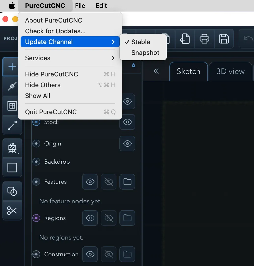 macOS PureCutCNC menu open over a dark-theme workspace with Update Channel expanded and Stable currently selected alongside Snapshot
