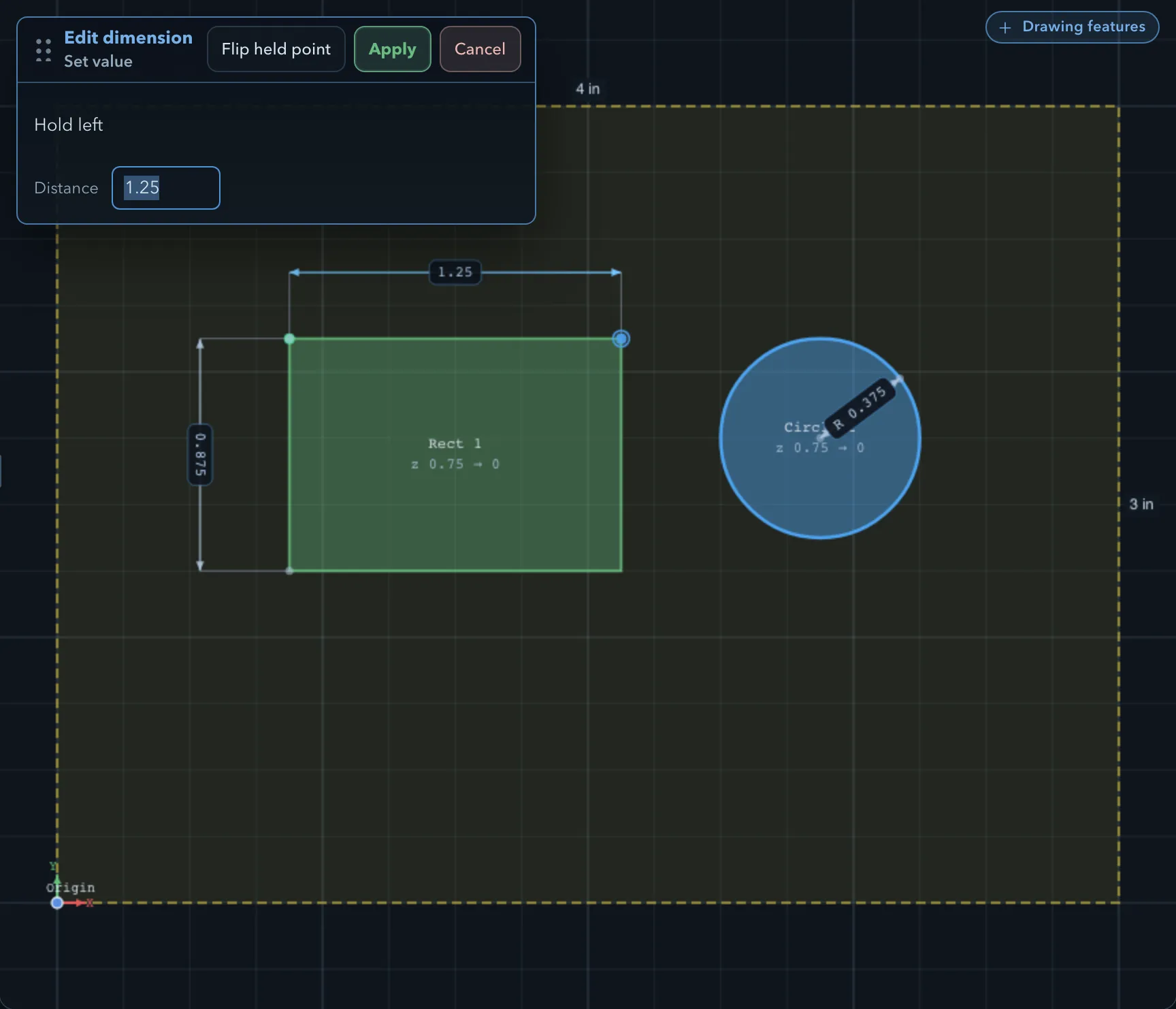 A rectangle with horizontal 1.25 and vertical 0.875 dimensions and a circle with an R 0.375 radius dimension, with the horizontal one selected and its Edit dimension panel showing Hold left and a Distance of 1.25