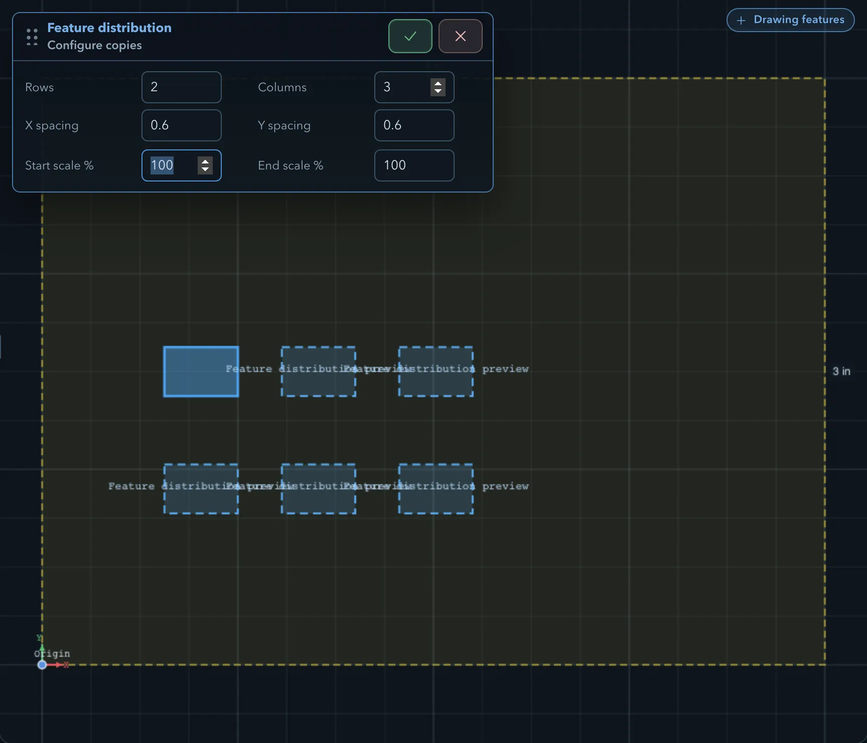 Feature distribution panel set to 2 rows, 3 columns and 0.6 inch spacing, with the source rectangle and five dashed preview copies laid out as that grid