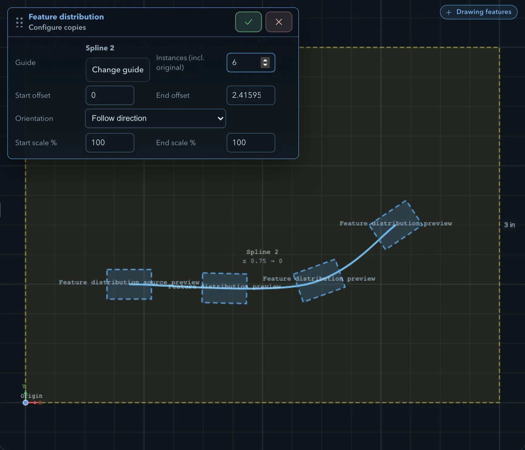 Feature distribution panel with Spline 2 as the guide and six instances, and the copies previewed following the spline across the canvas