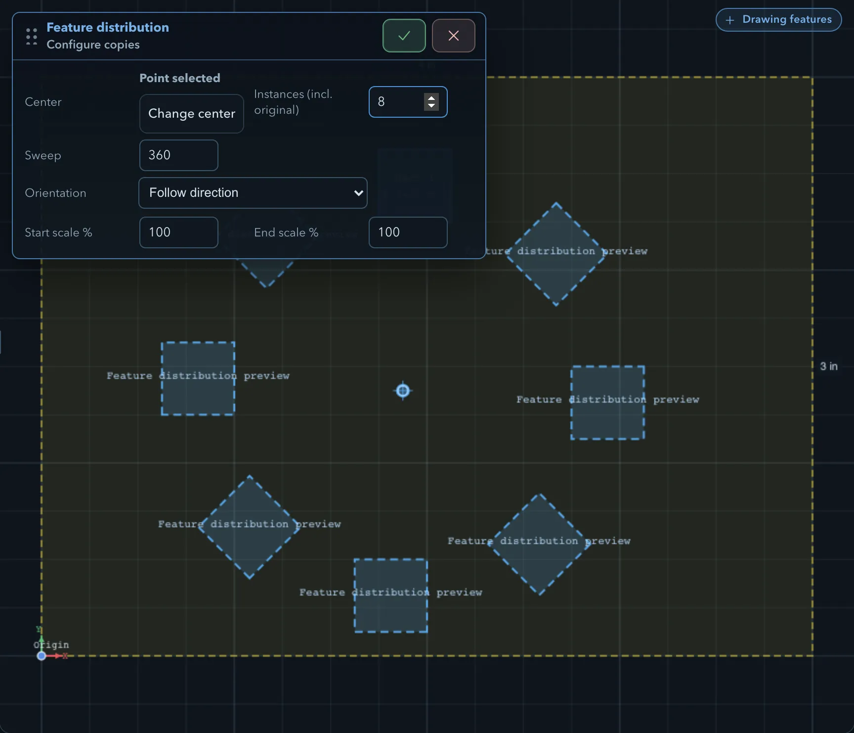Feature distribution panel set to eight instances over a 360 degree sweep, with the copies previewed in a ring around the picked centre point