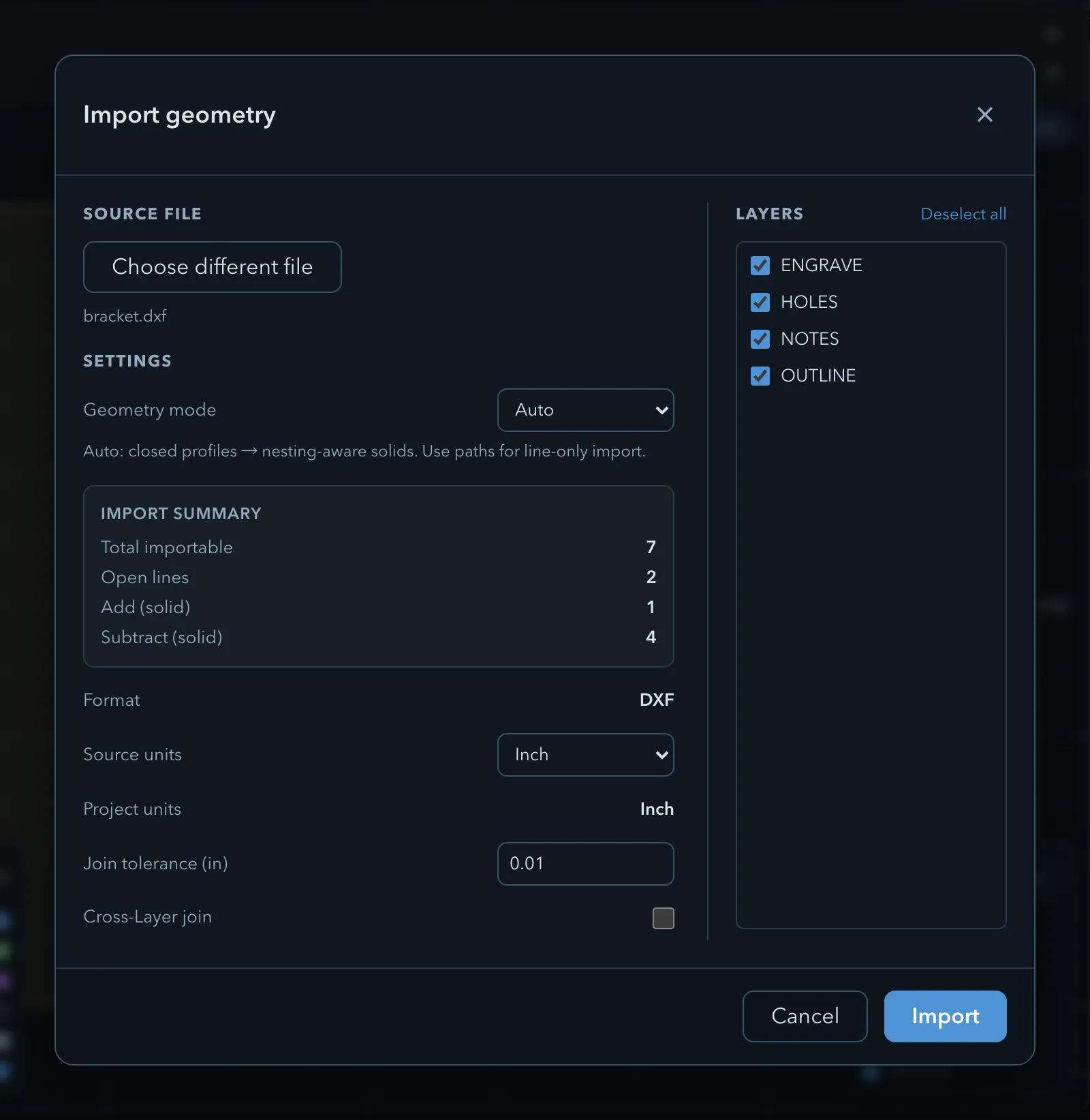 The DXF import dialog with a Layers list showing ENGRAVE, HOLES, NOTES and OUTLINE all selected, a Join tolerance of 0.01 inch, the Cross-Layer join switch, and Source units detected as Inch