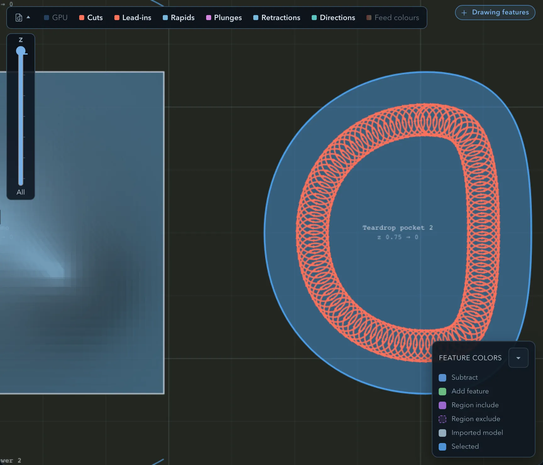 A trochoidal rough edge route: the cutter oscillating in tight loops along the pocket wall instead of tracing it once