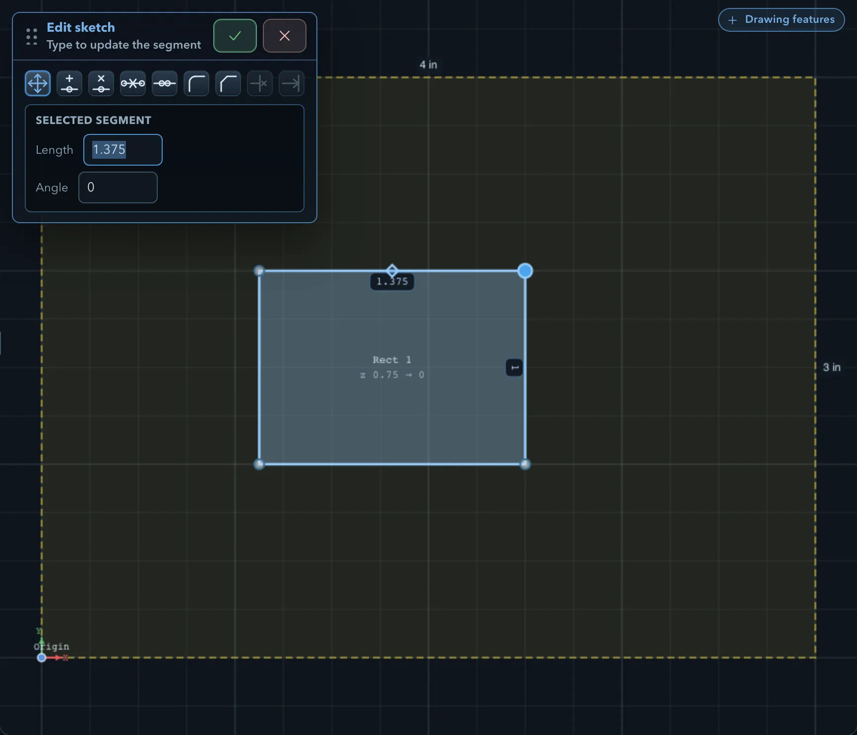 Sketch edit session with the rectangle's corner nodes shown, its top segment selected and labelled 1.375, and the Edit sketch panel showing Selected segment Length and Angle