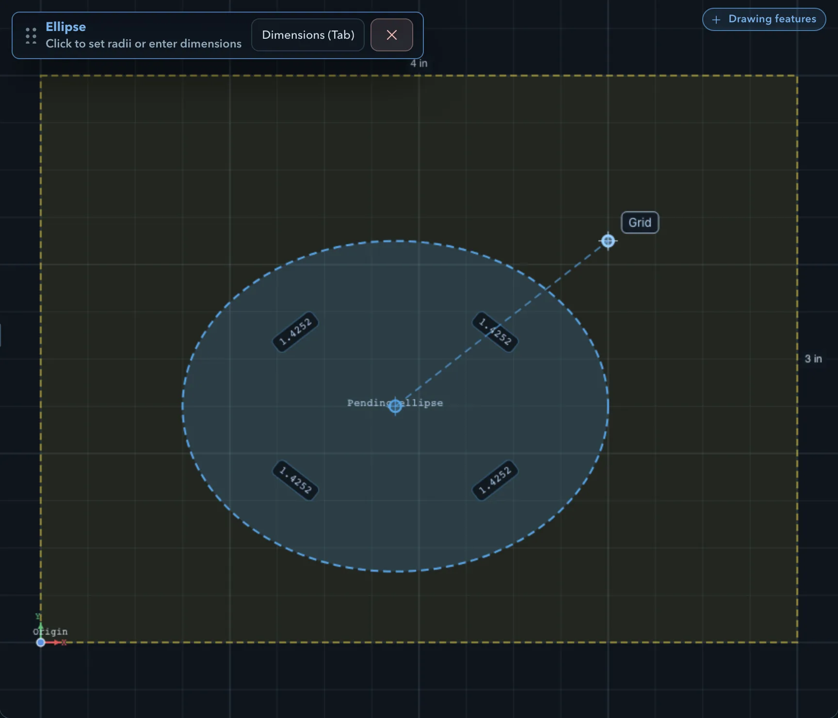 A pending ellipse drawn from its centre with its radius readout repeated in each quadrant, and the Ellipse workflow panel asking for the radii or dimensions