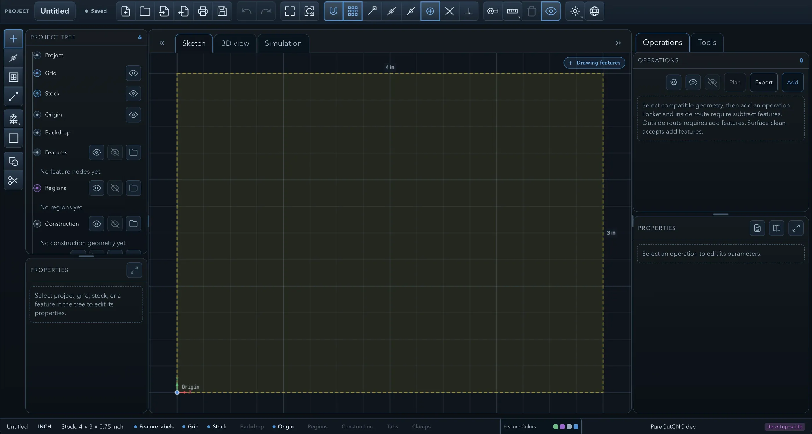 Empty PureCutCNC workspace in Sketch view with the 4 × 3 × 0.75 inch stock outline visible and the origin marker at the lower-left corner of the stock
