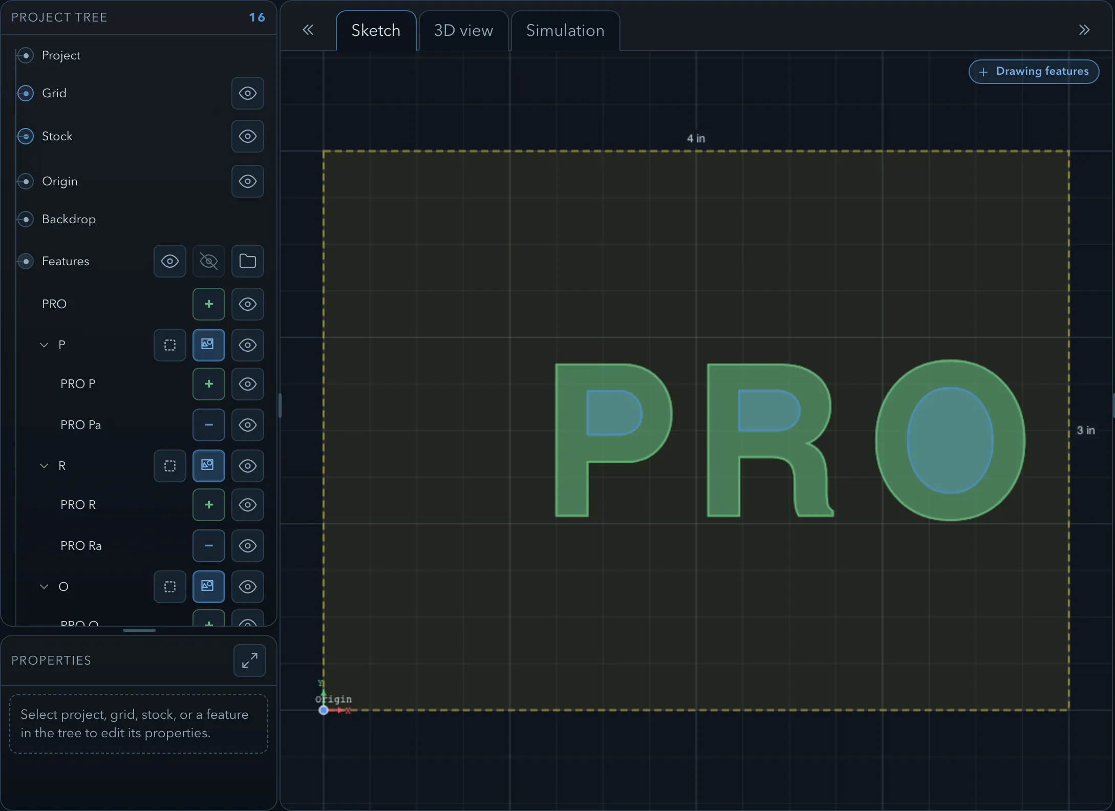 The feature tree after expanding outline text: the original PRO text still present, with a group per glyph beneath it, each holding an add feature for the outer outline and a subtract feature for the counter, beside the PRO letterforms on the canvas