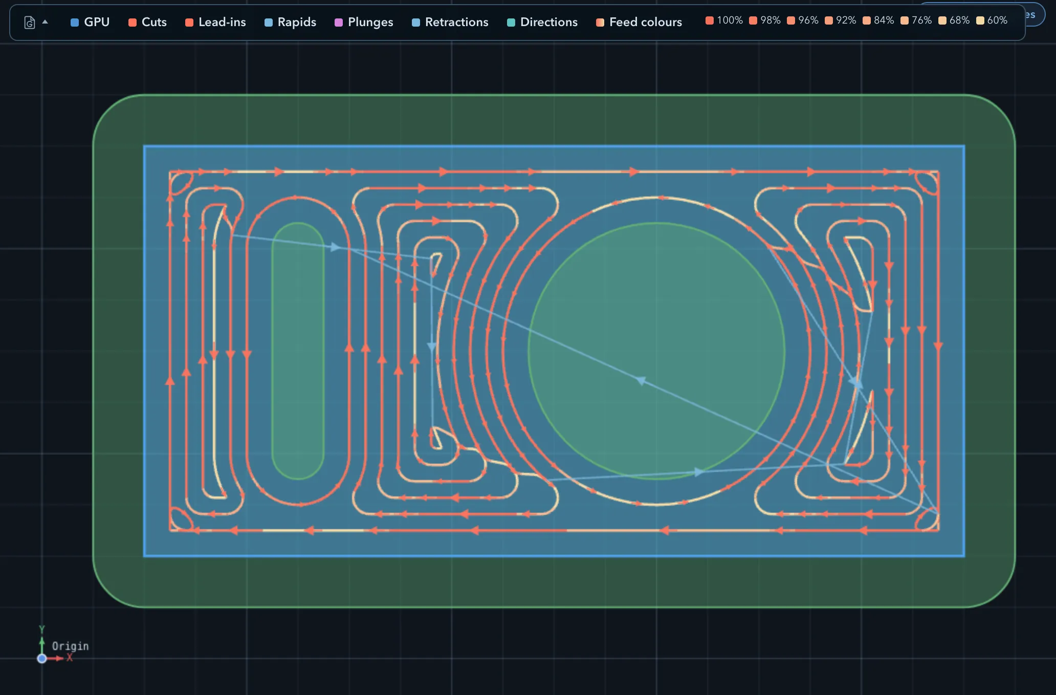 A pocket toolpath coloured by feed percentage, with the Feed colours key across the top running from 100% in coral down to 60% in pale yellow. Reduced-feed segments are visible around the circular island and tight corners.