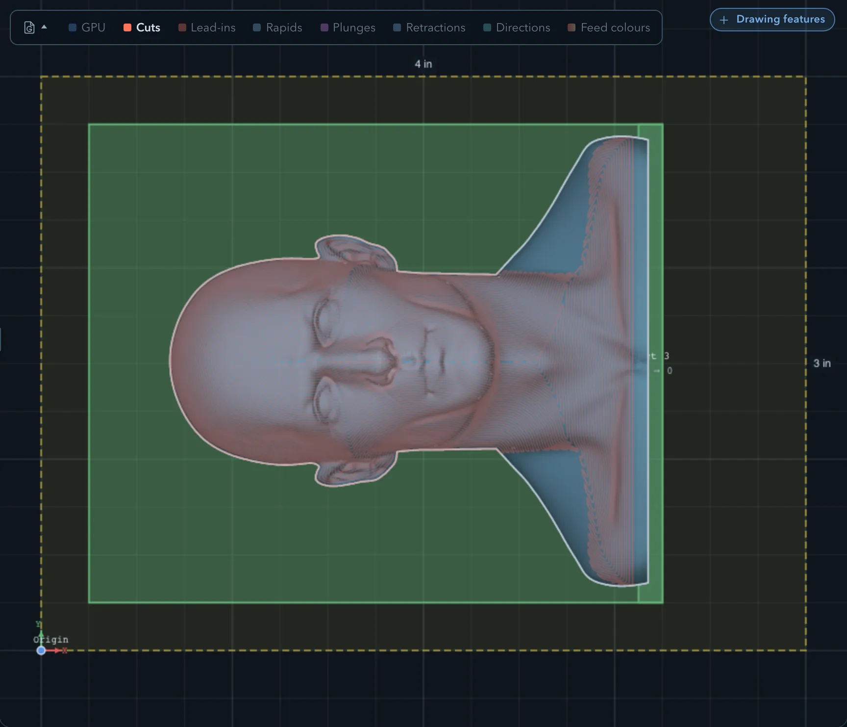 Constant-scallop 3D finish paths following the Busto head, face, neck, and base