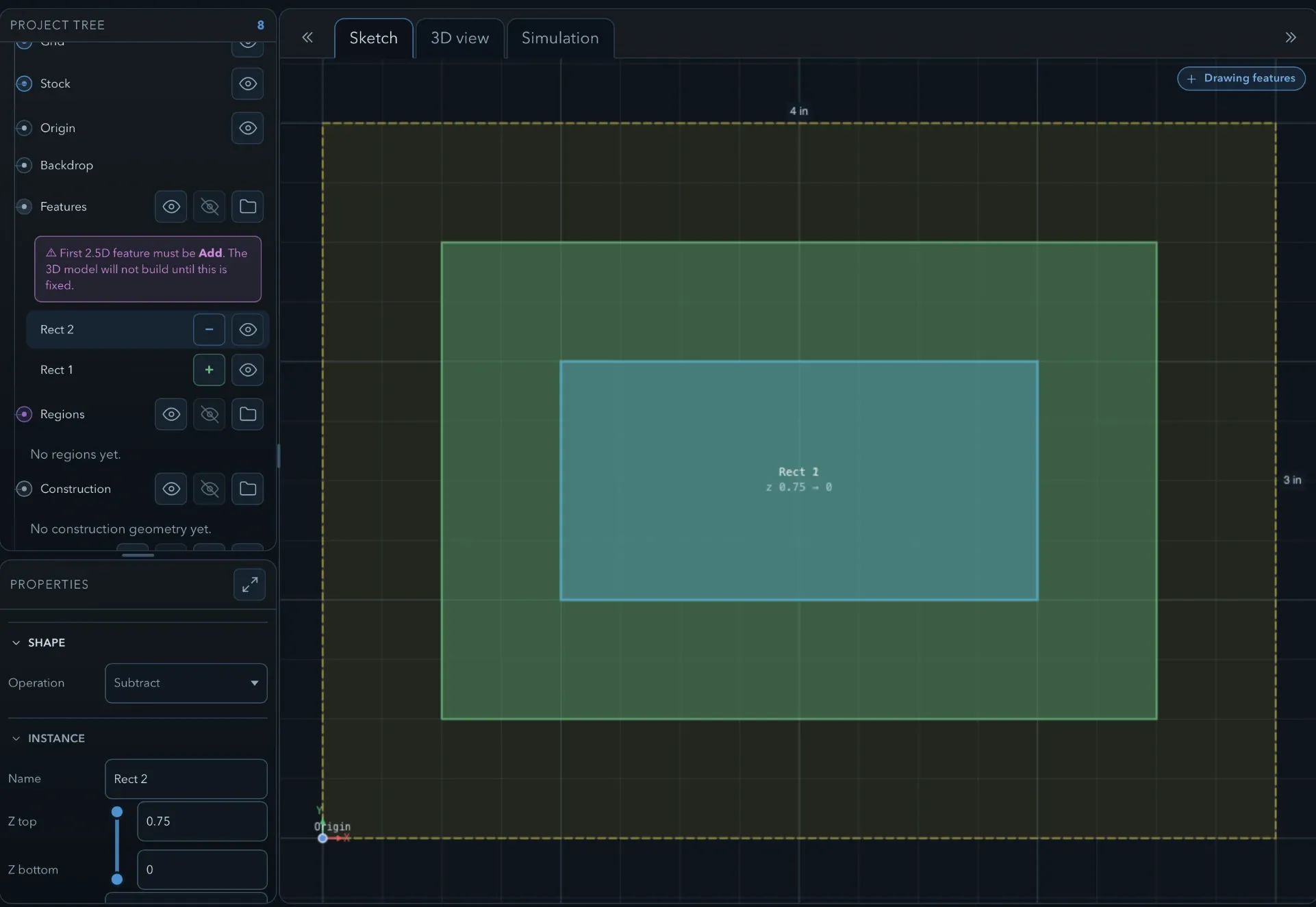 PureCutCNC project tree showing the warning First 2.5D feature must be Add, with the subtract feature Rect 2 above the add feature Rect 1, and the Properties panel below showing Operation Subtract with Z top 0.75 and Z bottom 0