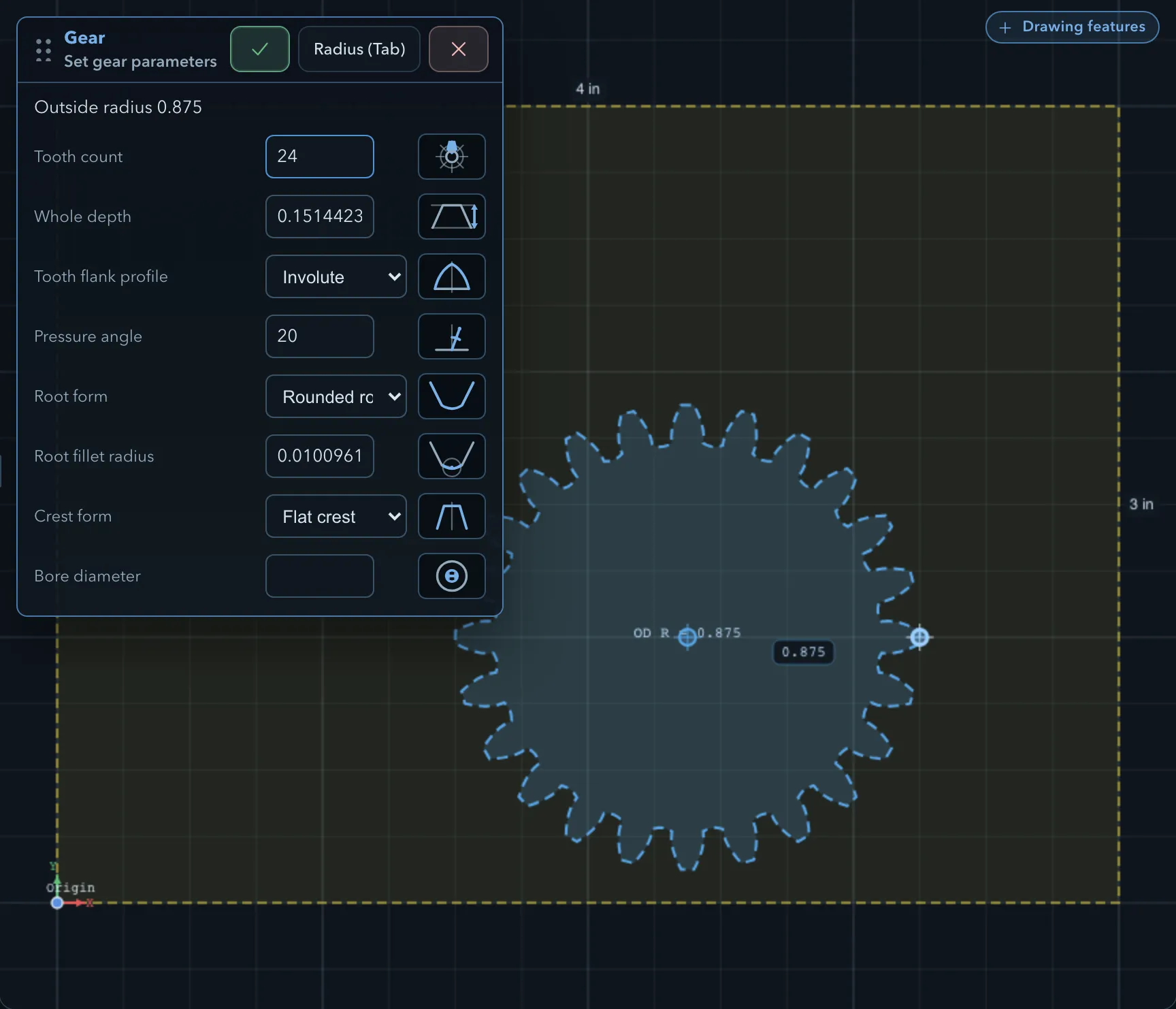 A pending 24-tooth gear, and the Set gear parameters panel with tooth count, whole depth, flank profile, pressure angle, root and crest settings, bore diameter, and Confirm