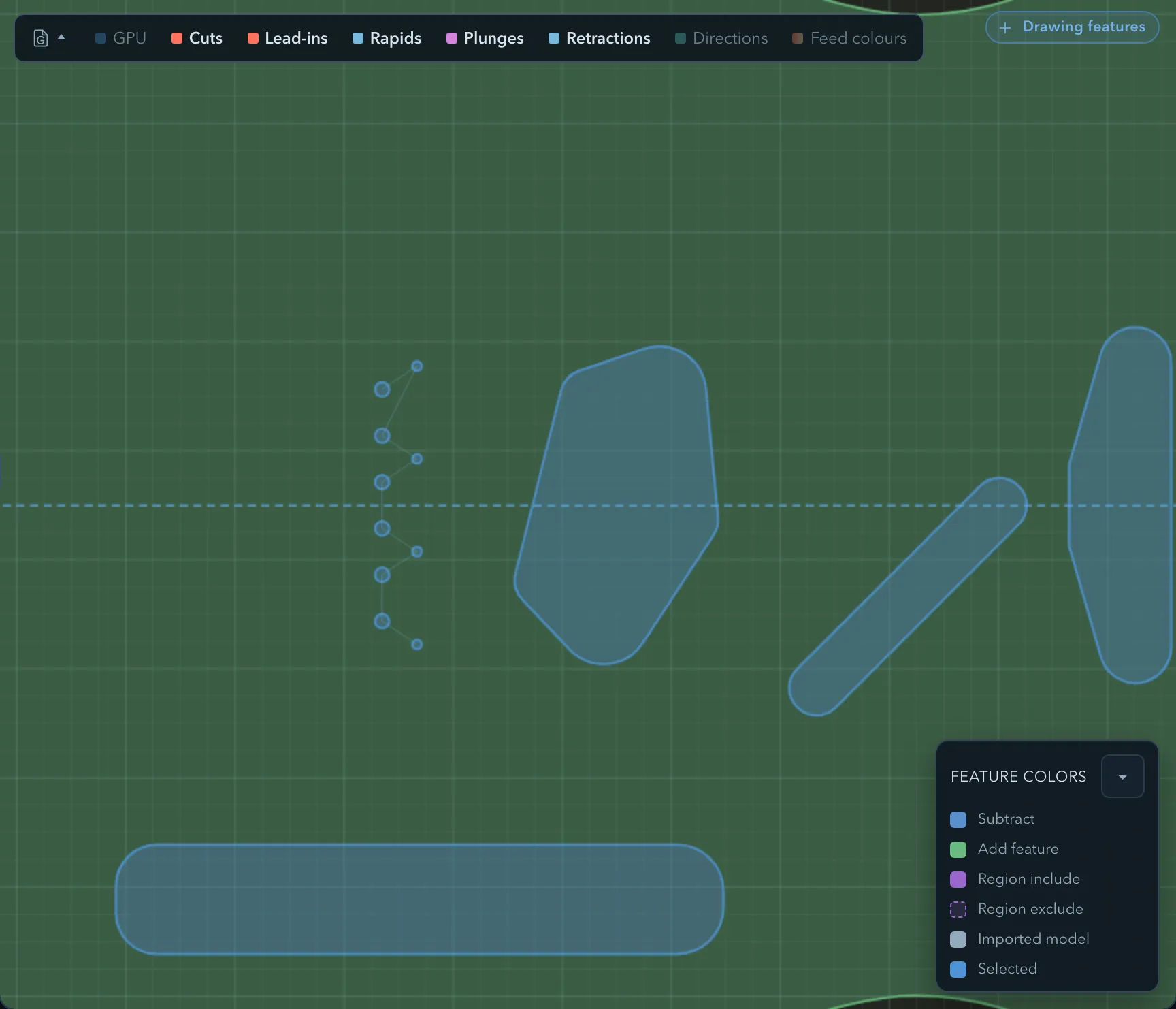 Ten holes with rapid moves linking them in a zigzag, showing the order the operation drills them in