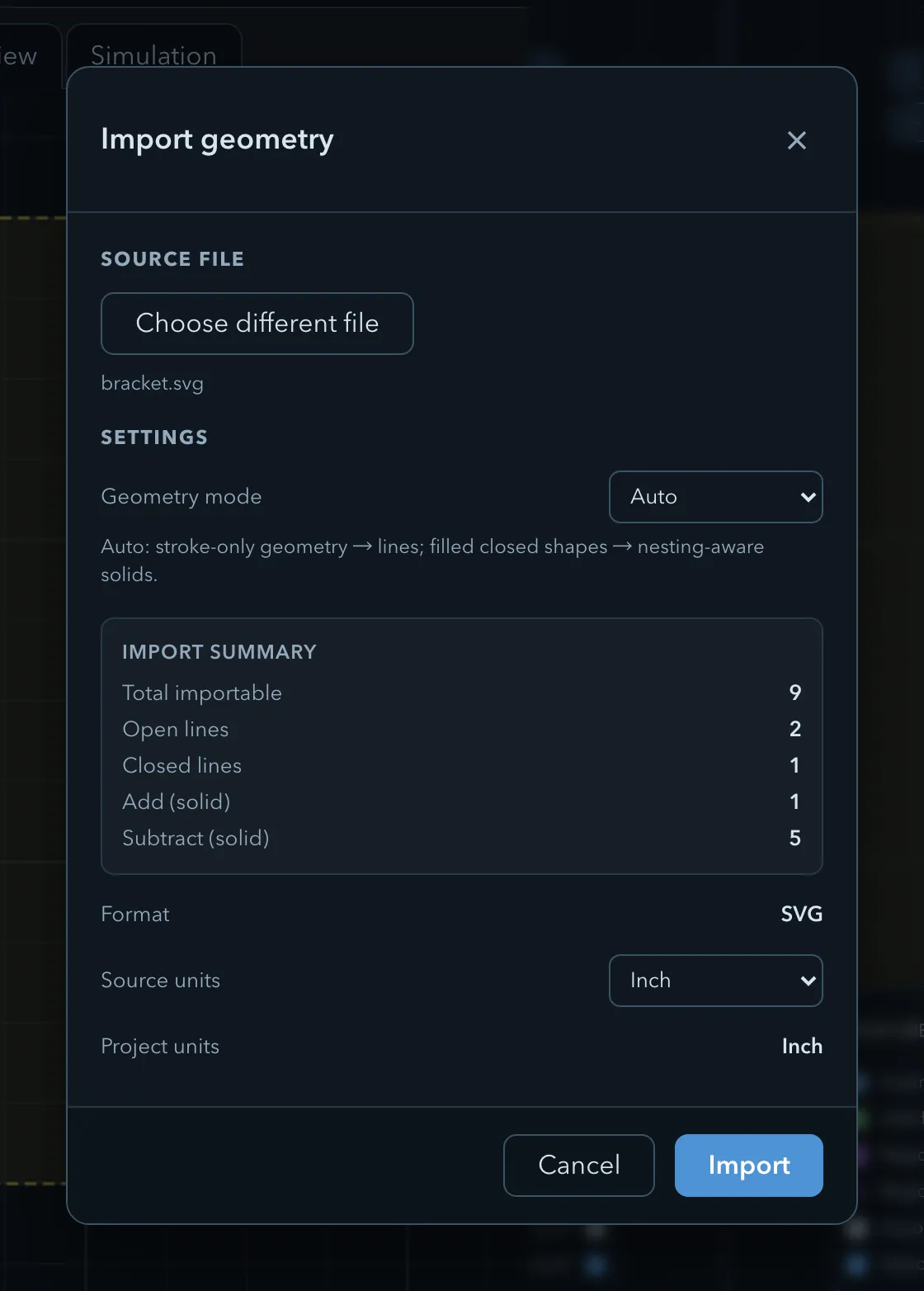 The Import geometry dialog with bracket.svg chosen: Geometry mode Auto, an import summary of nine shapes made up of two open lines, one closed line, one add solid and five subtract solids, and Source units detected as Inch against Project units Inch