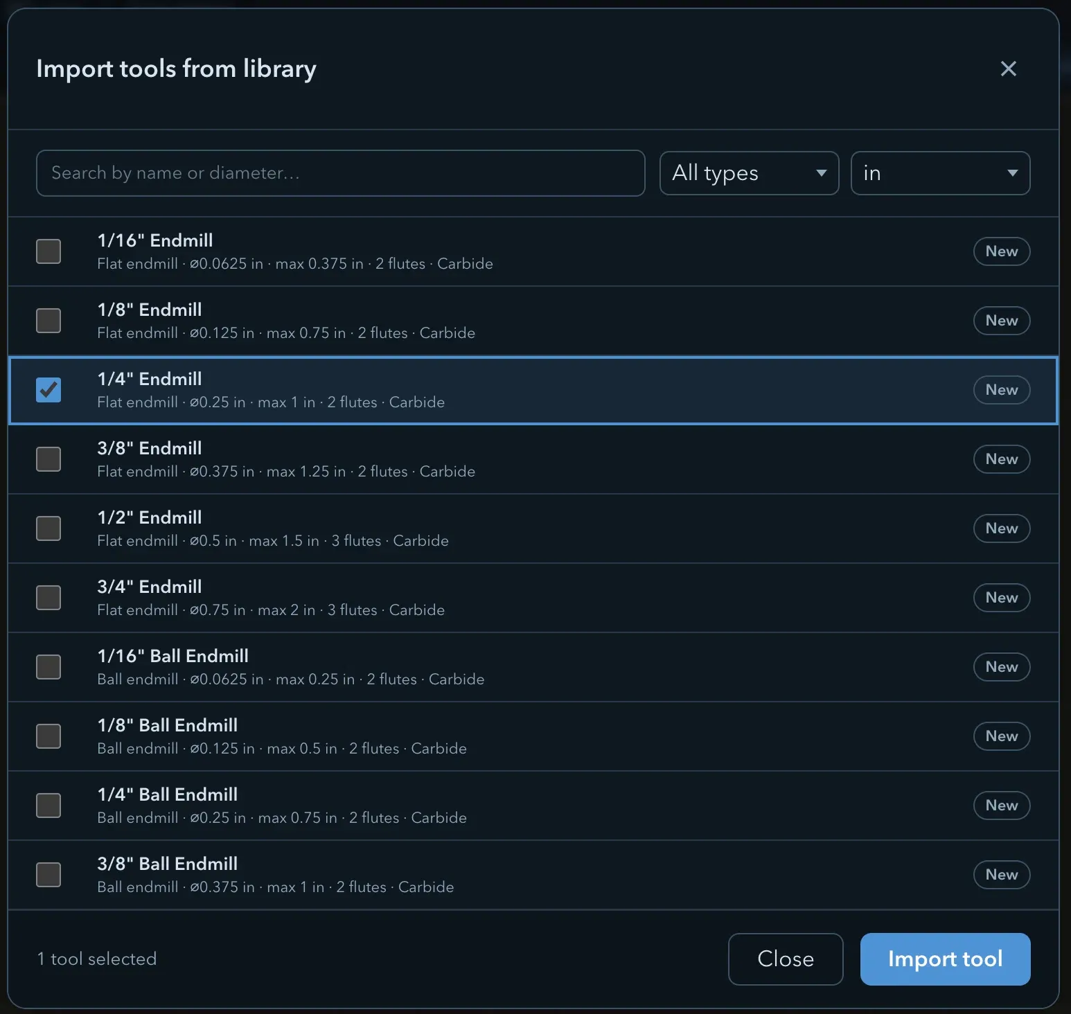 Import tools from library dialog with search, type, and unit filters, the 1/4 inch Endmill row selected, and Import tool ready