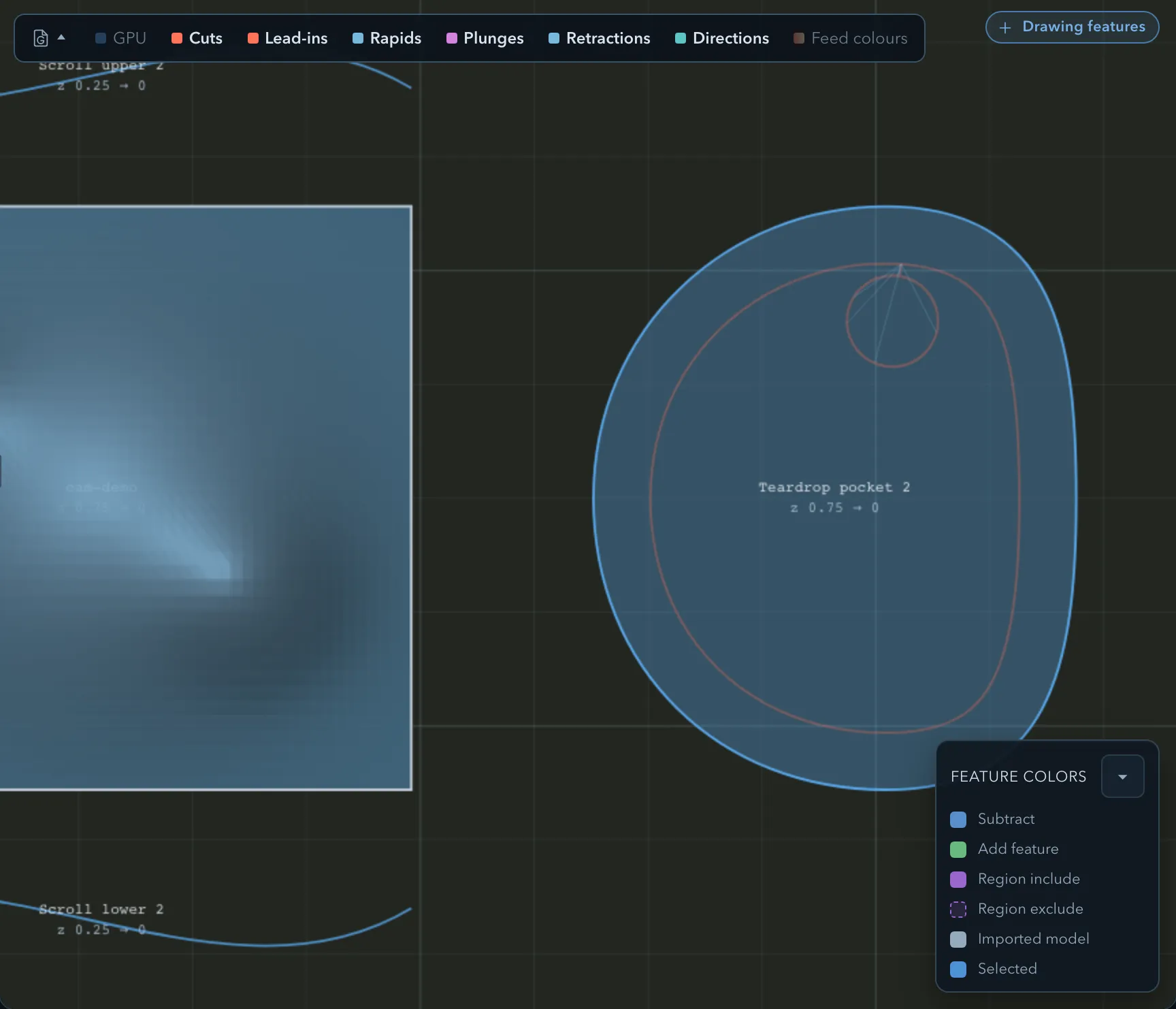 An inside edge route running around a teardrop-shaped pocket, the toolpath offset inside the profile by the cutter radius