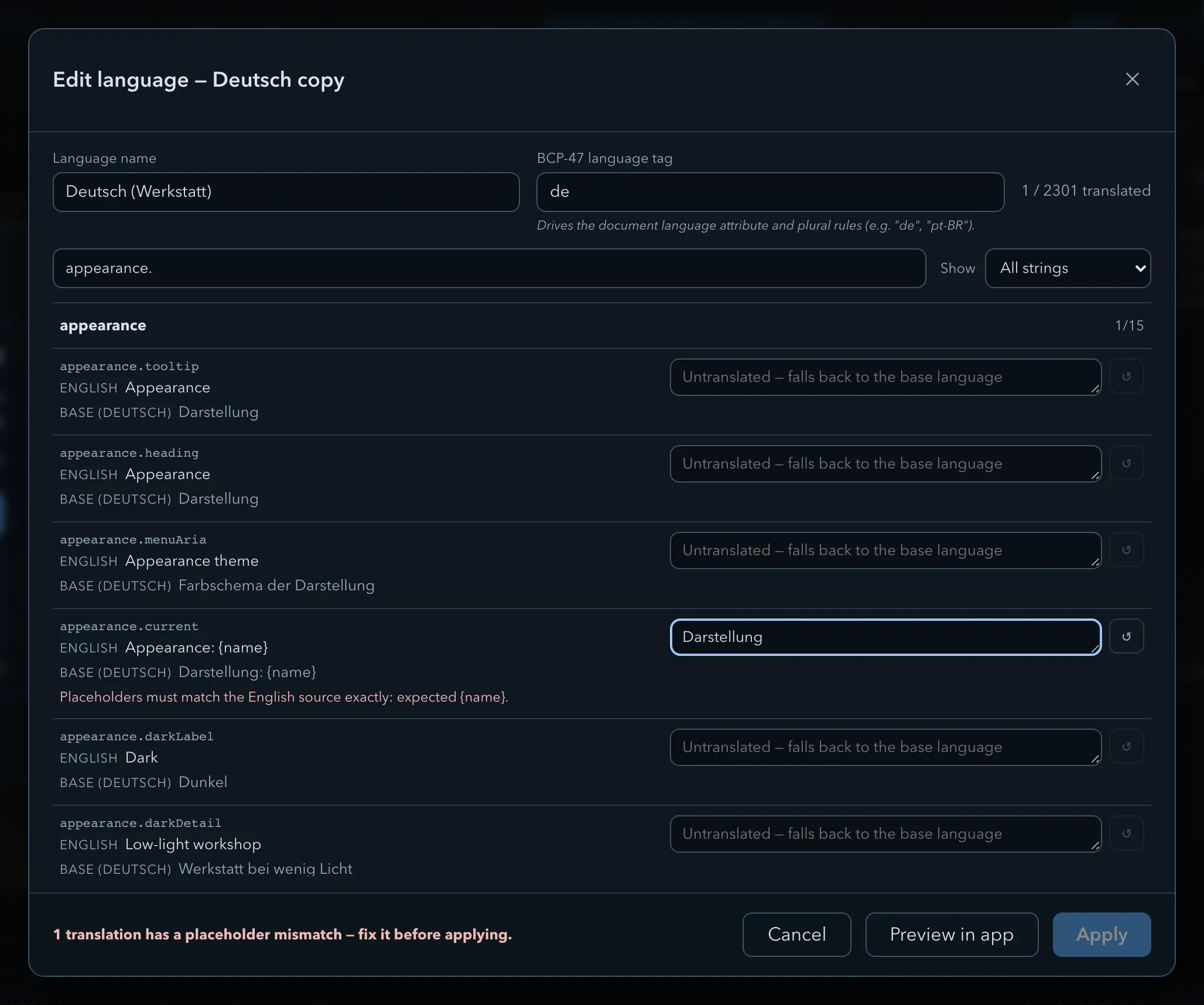 Edit language dialog for a copy of German: the Language name and BCP-47 language tag fields, the translated counter, the search and Show filters, and appearance strings showing the English source and the German base text, with one translation flagged for dropping the {name} placeholder
