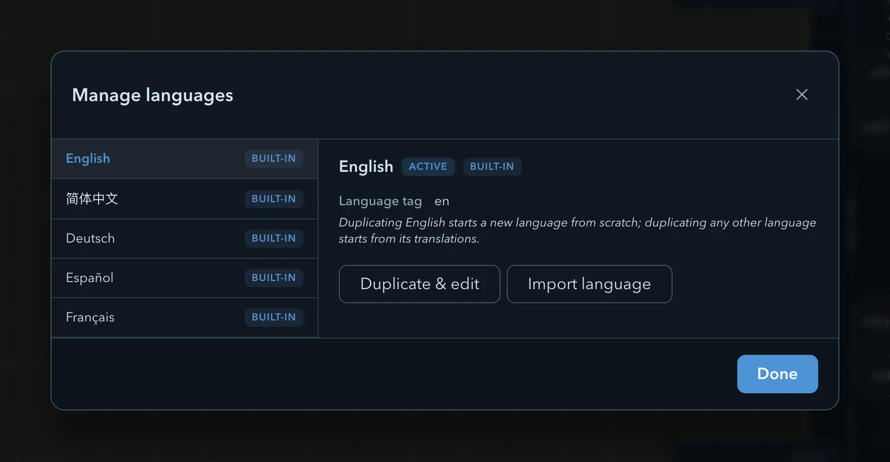 Manage languages dialog with the five built-in languages in the list, English selected and marked Active and Built-in with language tag en, and the Duplicate & edit and Import language buttons