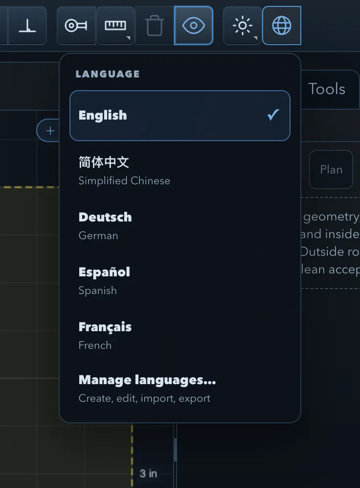 Language menu open from the top toolbar, listing English (checked), 简体中文, Deutsch, Español, and Français, with Manage languages… below
