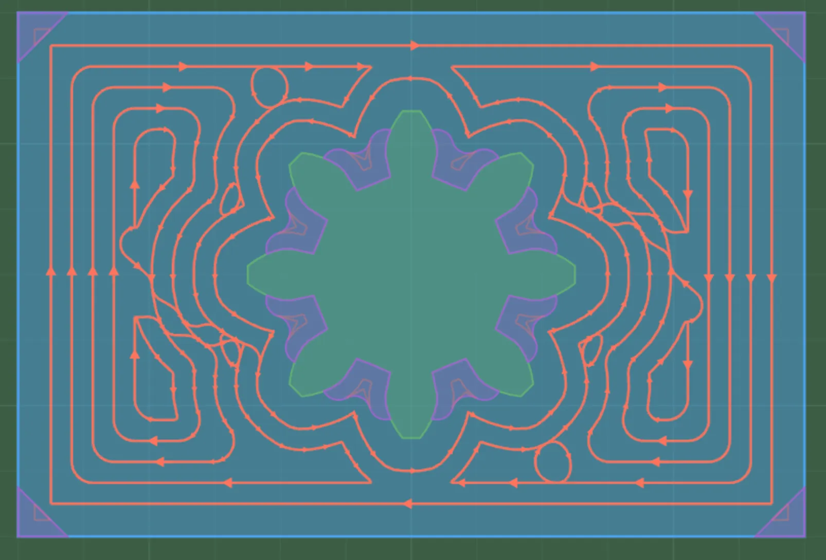 Large-tool pocket roughing passes around a gear-shaped island