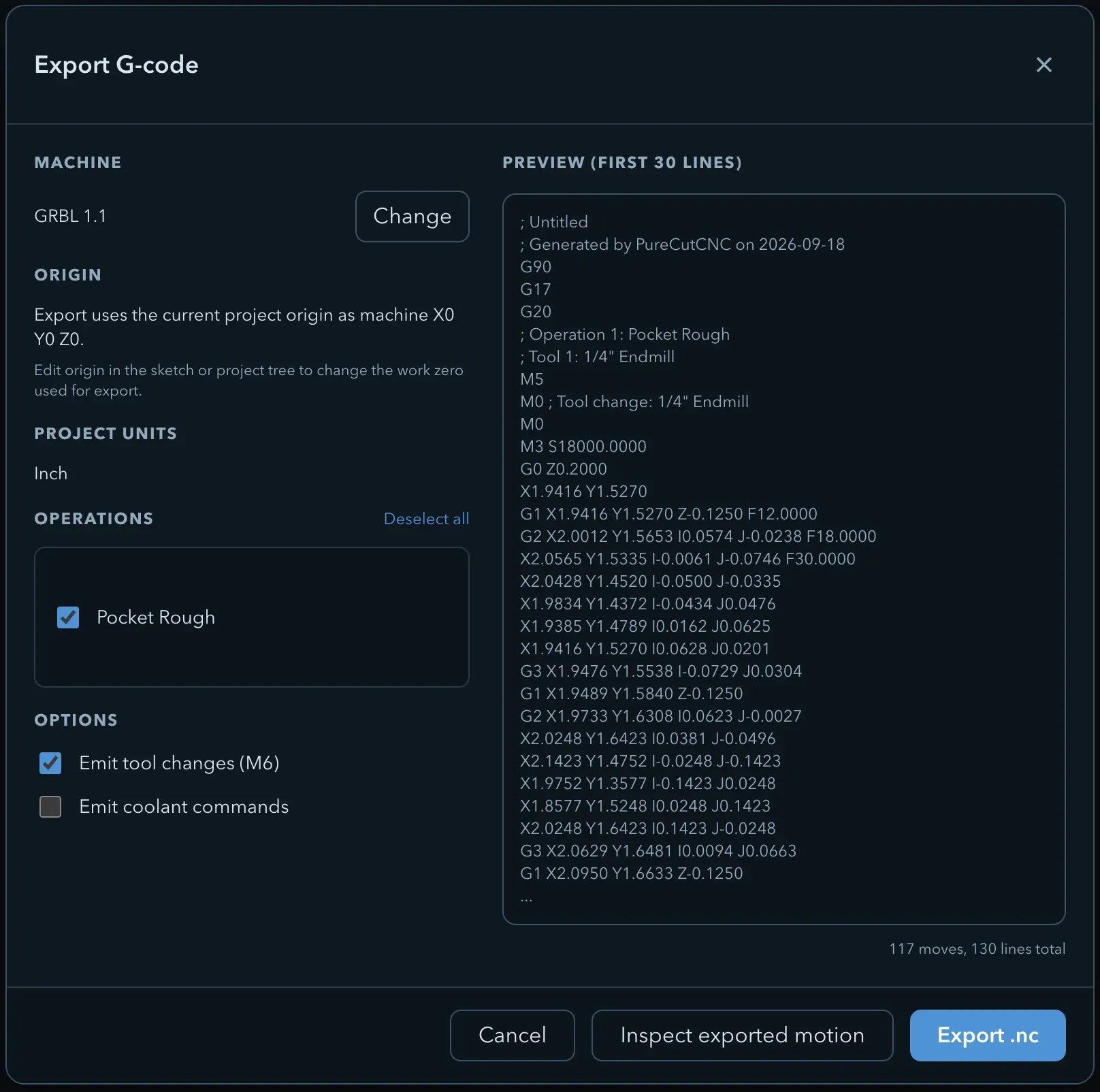 Export G-code dialog with GRBL 1.1 selected, the Pocket Rough operation checked, Emit tool changes on, and a preview of the first 30 lines of generated G-code on the right