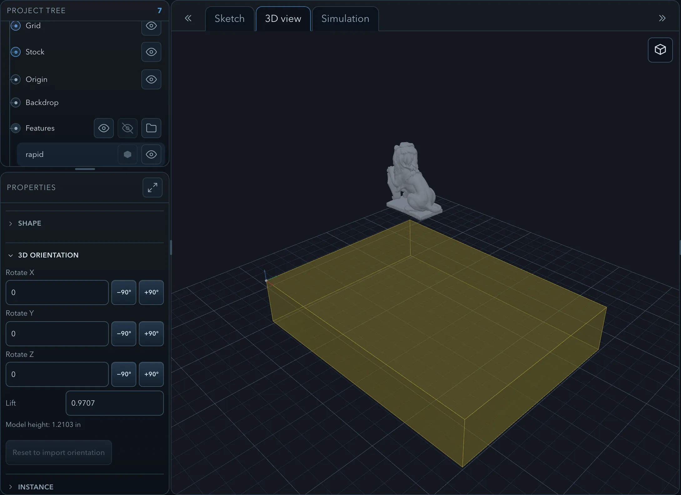 The 3D orientation properties of an imported model: Rotate X, Y and Z with minus and plus ninety degree buttons, a Lift of 0.9707, the note Model height 1.2103 in, and Reset to import orientation, beside a 3D view of the model floating above the stock