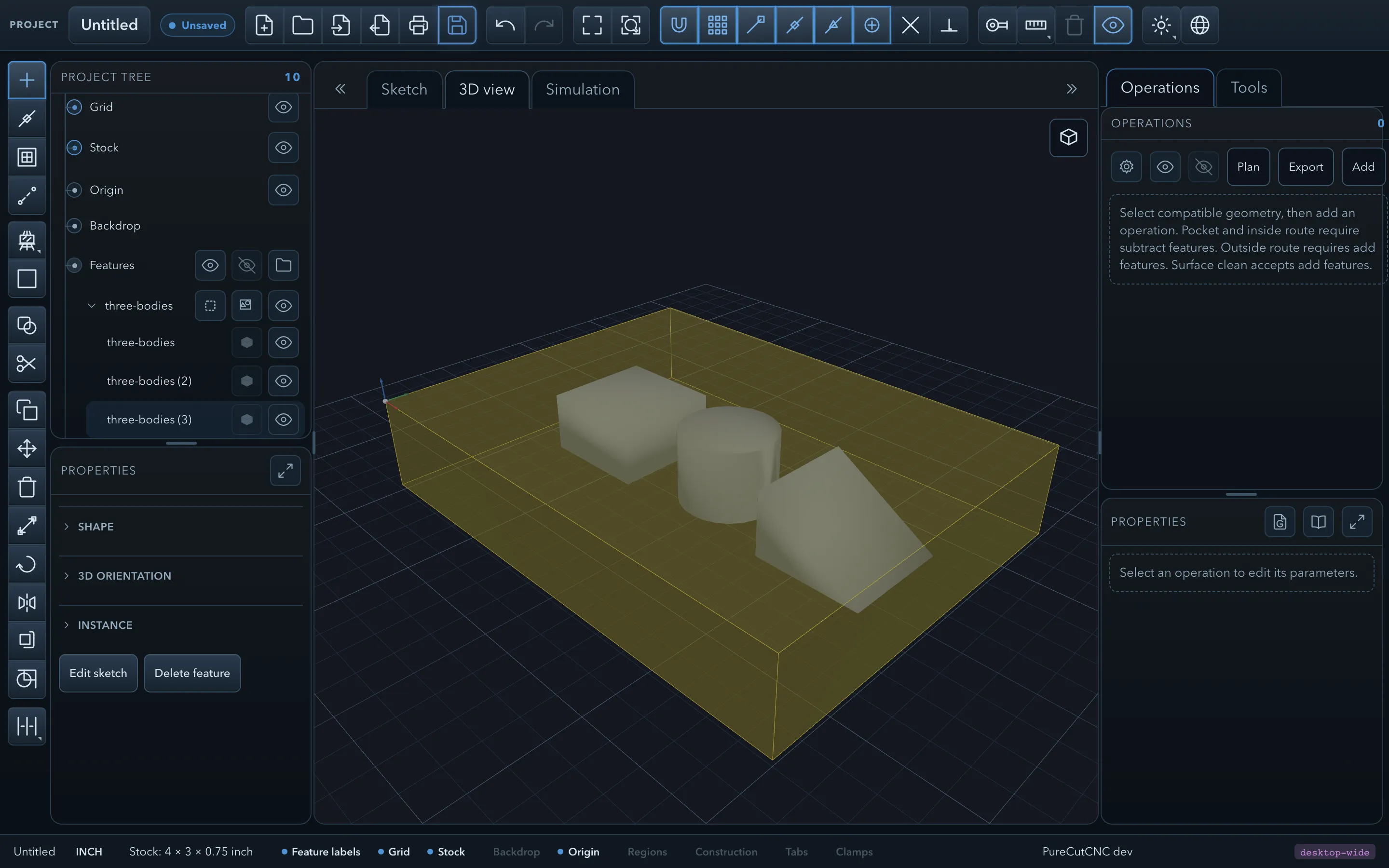 A three-body OBJ after importing: the feature tree holds a group of three model features, and the 3D view shows a block, a cylinder and a wedge sitting inside the stock