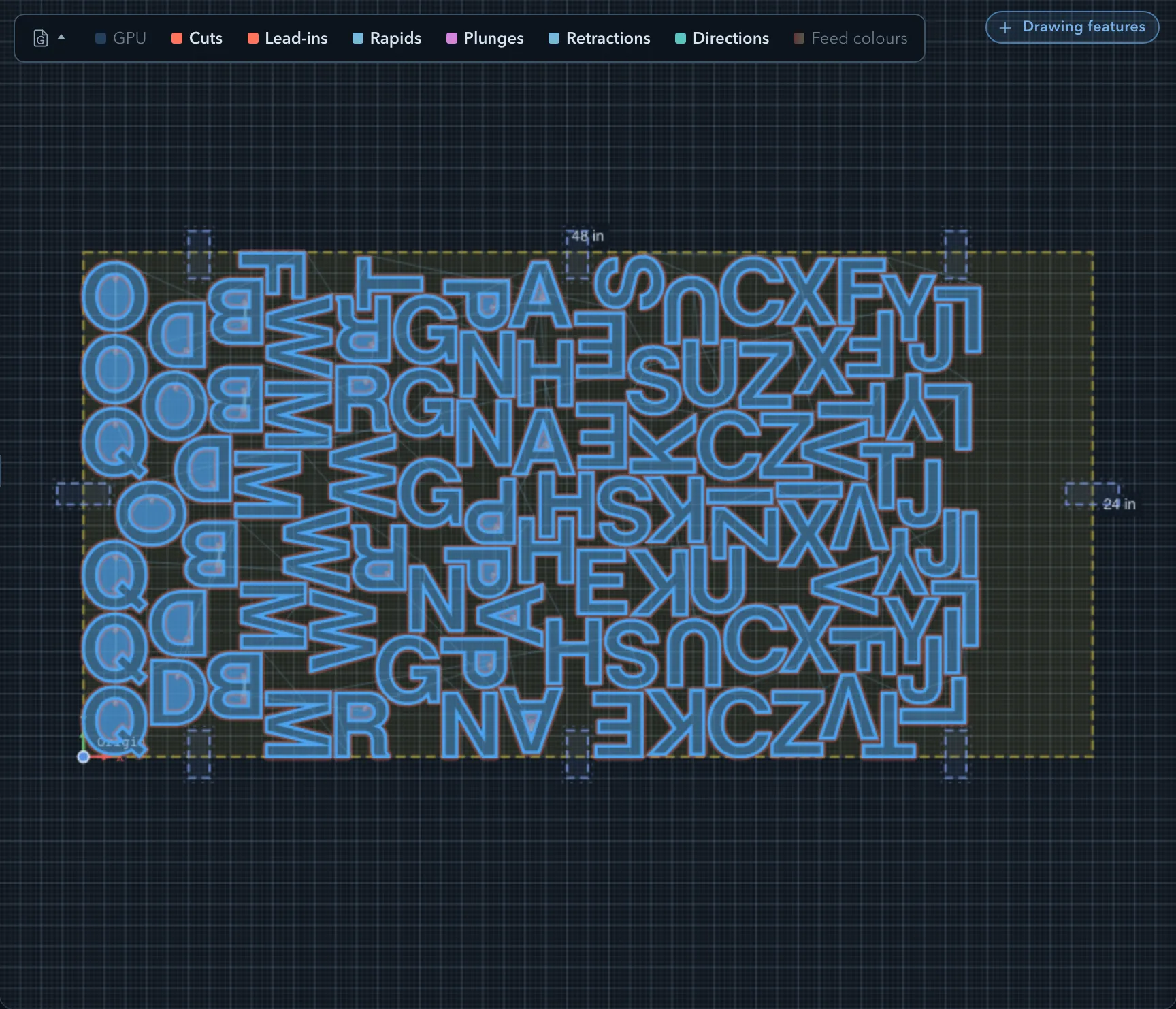 Four instances of each letter A through Z packed on one 48 by 24 inch stock after accepting the nest, with edge clamps visible