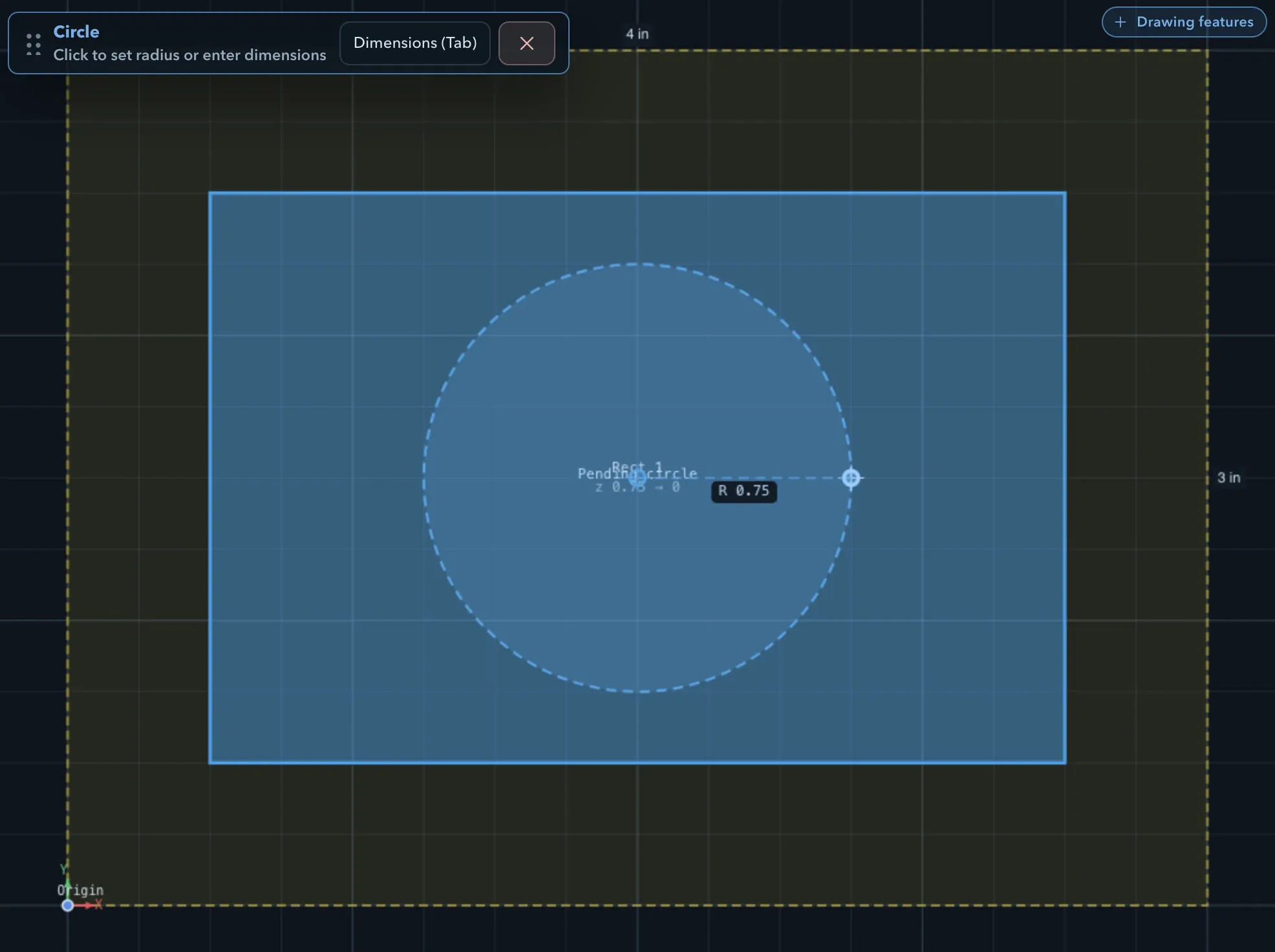 Sketch canvas with a pending 0.75 inch radius circle inside the 3 by 2 inch rectangle, the origin marker at the lower-left corner of the stock, and the Circle workflow panel offering a Dimensions button