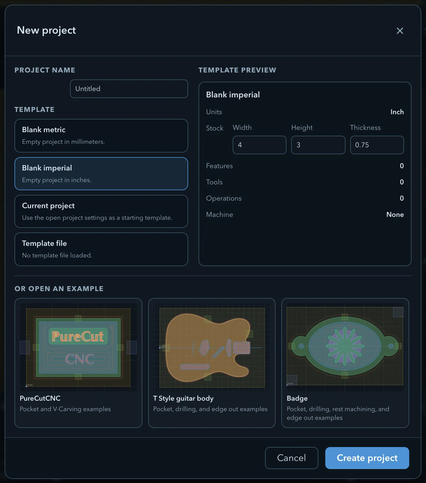 New project dialog with the Blank imperial template selected and a preview listing inch units, stock Width 4, Height 3, and Thickness 0.75, and no machine