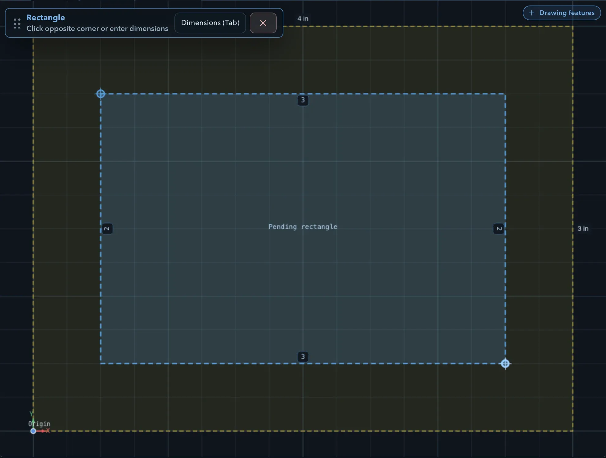 Sketch canvas with a pending 3 by 2 inch rectangle inside the 4 by 3 inch stock outline, the origin marker at the lower-left corner of the stock, and the Rectangle workflow panel offering a Dimensions button