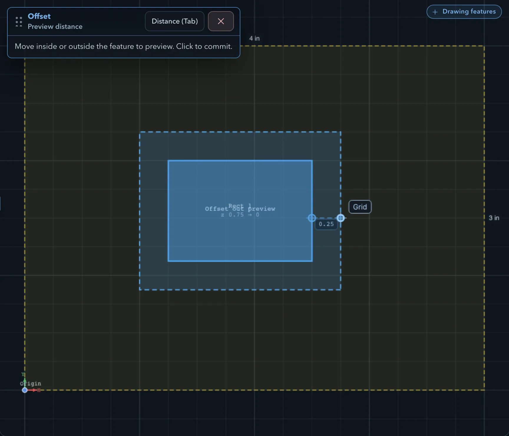 Offset workflow at Preview distance, with the source rectangle and a dashed outward offset preview at 0.25 following the pointer