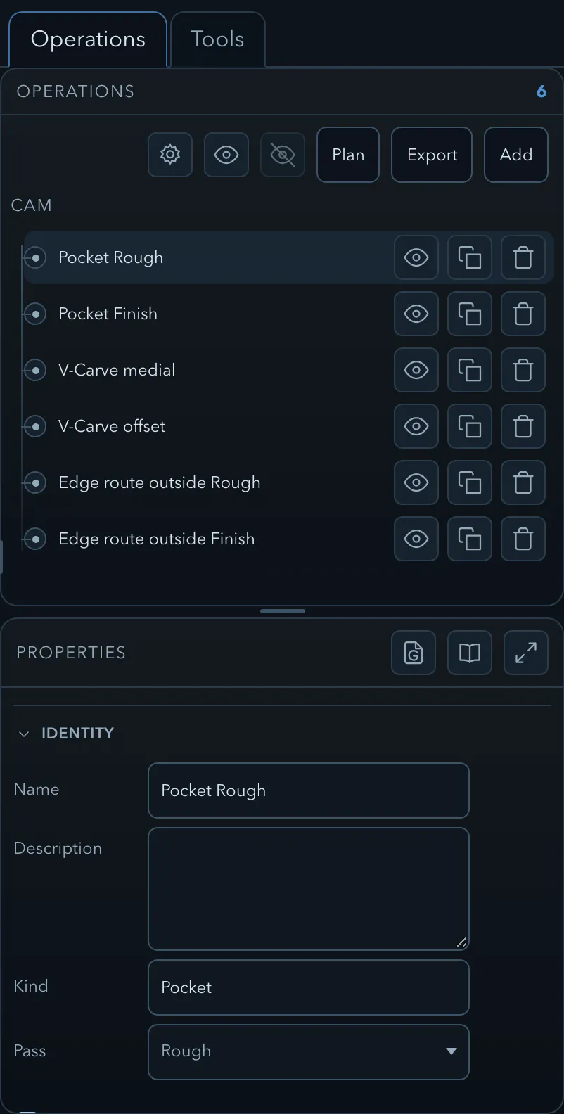 The Operations tab listing six operations, each with an enable dot and buttons to show its toolpath, duplicate it and delete it, with the selected operation’s identity fields in the properties below