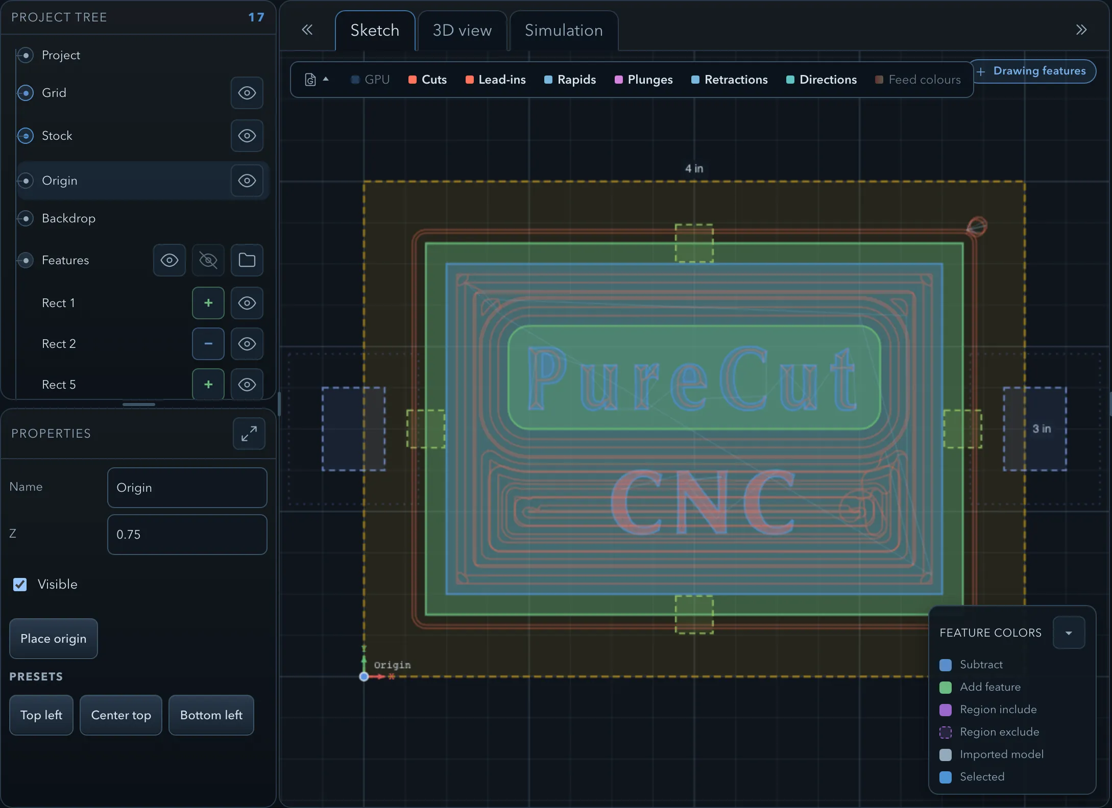 Origin selected in the project tree, with Z, a Place origin button, and Top left, Center top, and Bottom left presets in the properties panel, and the labelled origin marker at the lower-left corner of the stock on the canvas